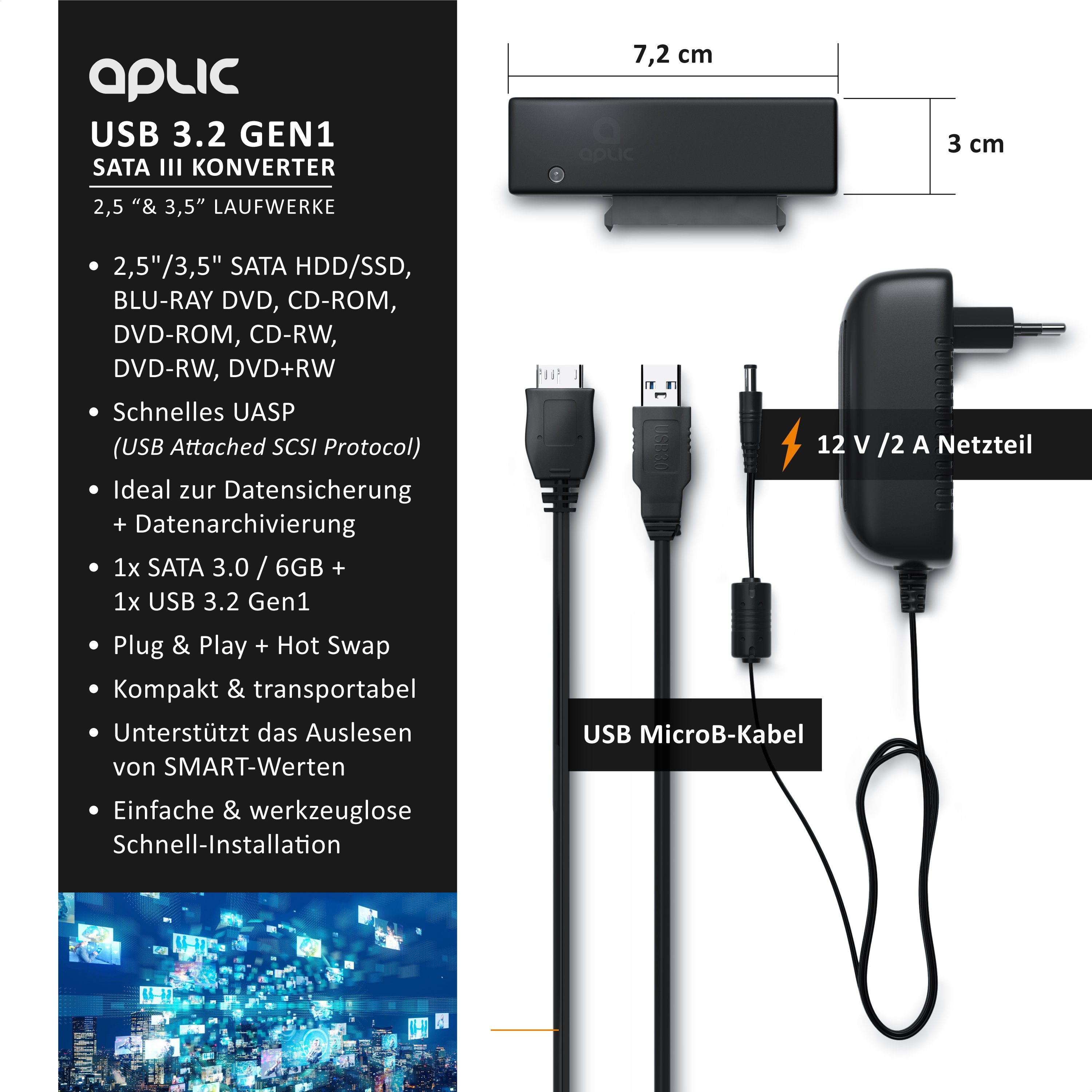 Aplic SATA 1/2/3 Festplatten Konverter Kabel mit Netzteil, USB 3.0 Computer-Adapter SATA zu USB 3.0 Typ A, für SSD SATA I II III 2,5 Zoll 6,35cm HDD 3,5 Zoll 8,89cm Laufwerke
