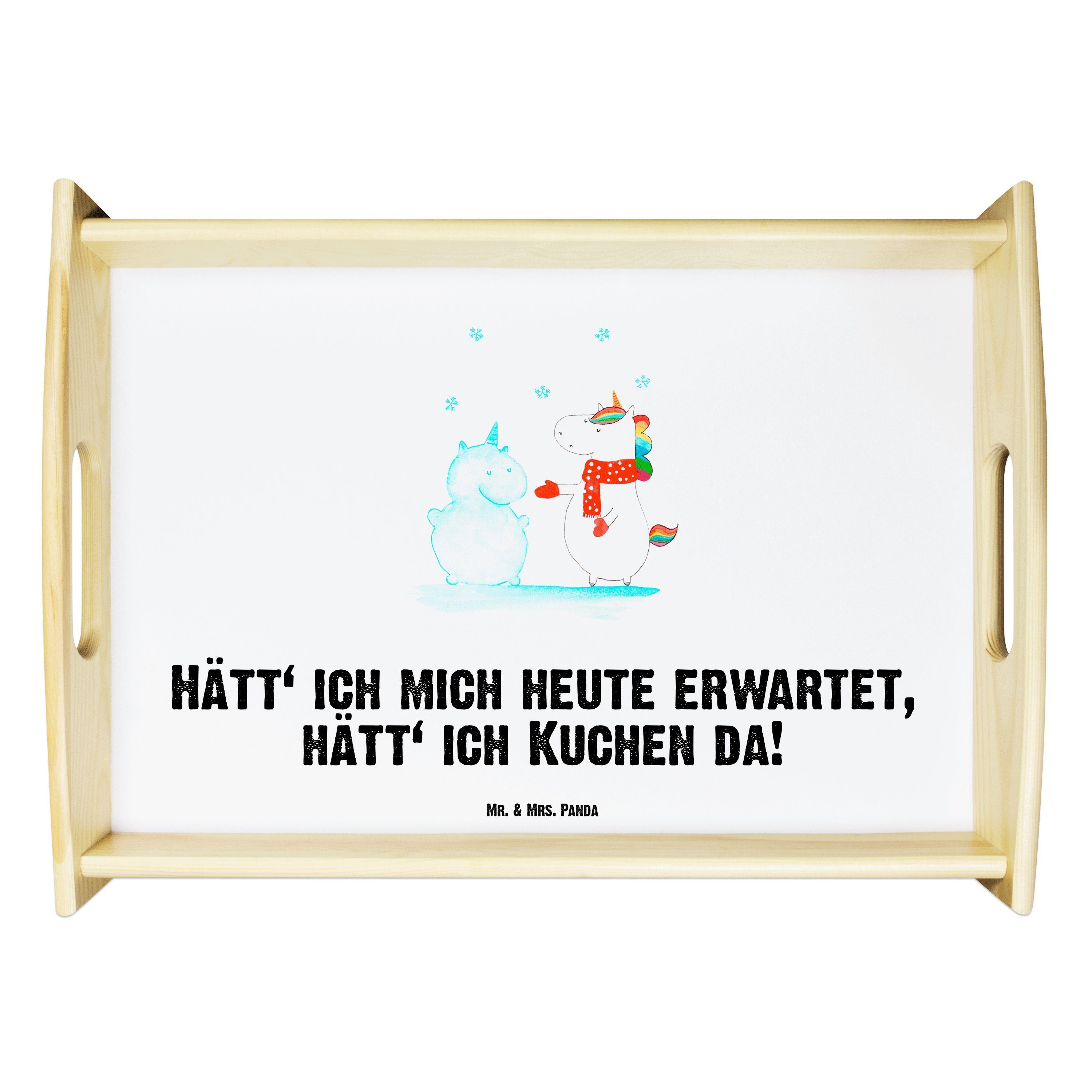 Mr. & Mrs. Panda Tablett Einhorn Schneemann - Weiß - Geschenk, Frühstückstablett, Unicorn, Müt, Echtholz lasiert, (1-tlg)
