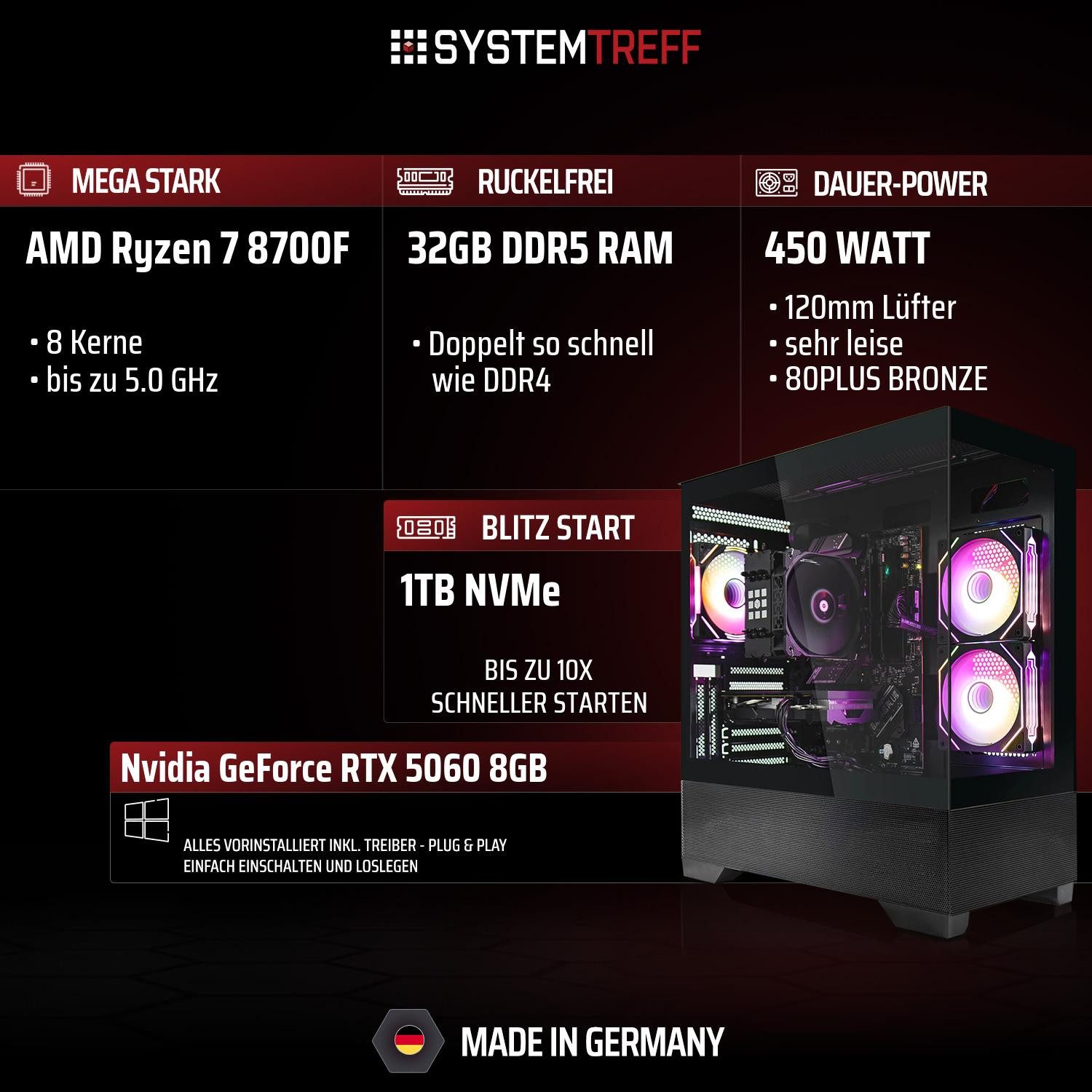 SYSTEMTREFF AMD Ryzen 7 8700F mit Nvidia GeForce RTX 5060 8GB Gaming-PC (AMD 8700F 8700F, Nvidia GeForce RTX 5060, 32 GB RAM, 1000 GB SSD, Luftkühlung)