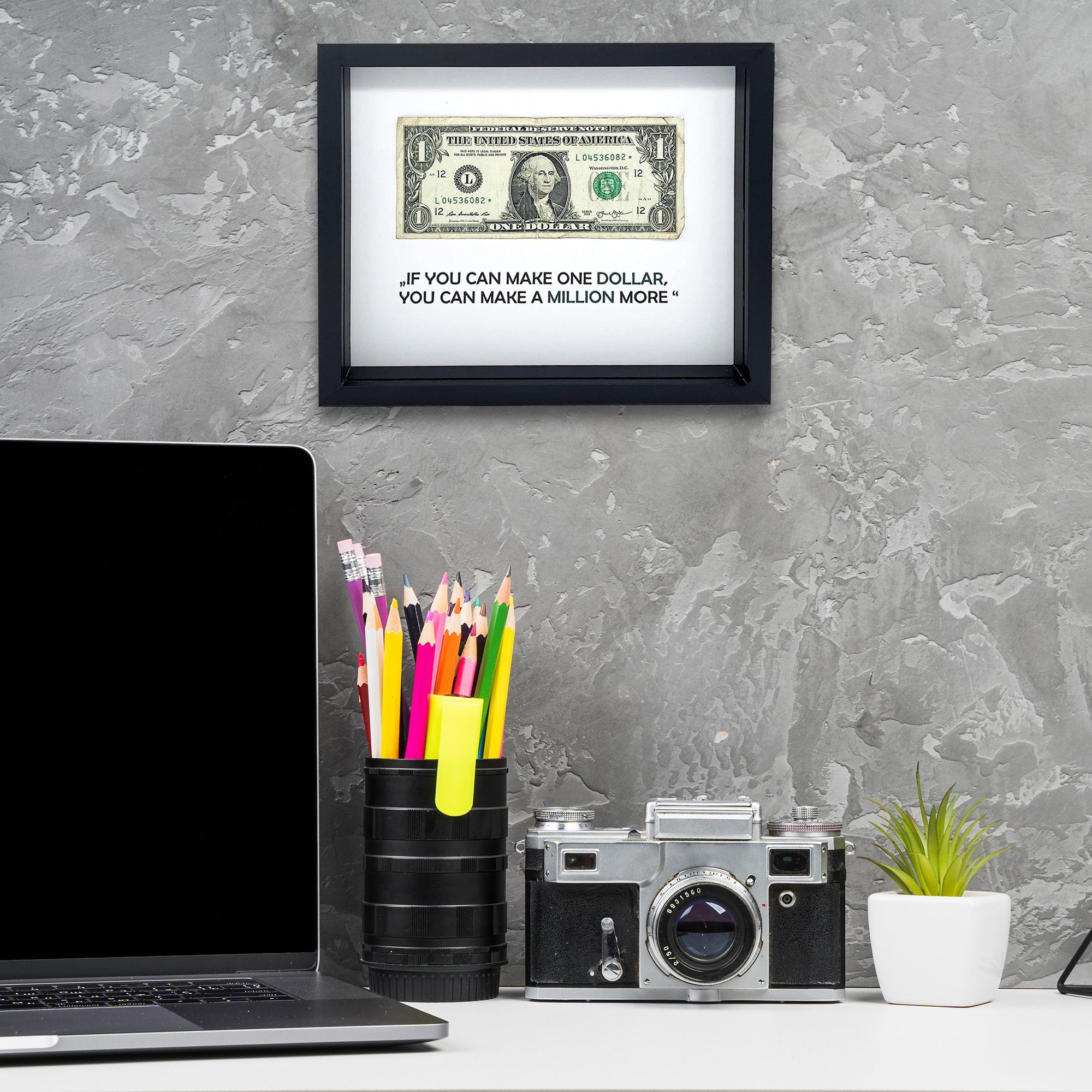 3D Deko, Wanddekoobjekt mit und Easy Dollar echtem Büro Bilderrahmen Schreibtisch Dollar Schwarz-Weiß line®