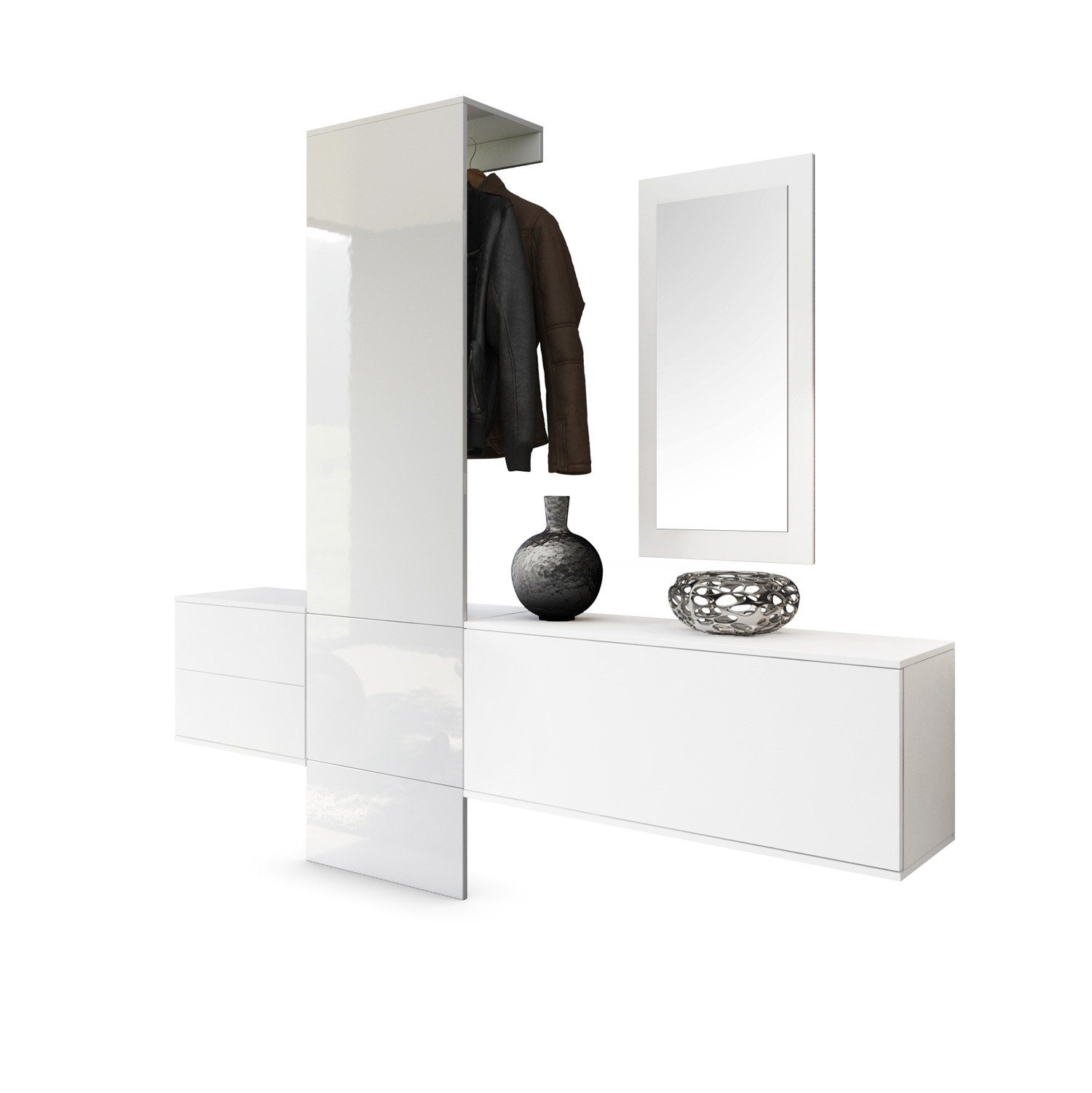 Vladon Garderoben-Set Carlton Set 1, (Wandgarderobe bestehend aus, 4-St., 1 Paneel, 1 Schubkastenschrank, 1 Schrankmodul und 1 Spiegel), Weiß matt/Weiß Hochglanz (208 x 193 x 35 cm)
