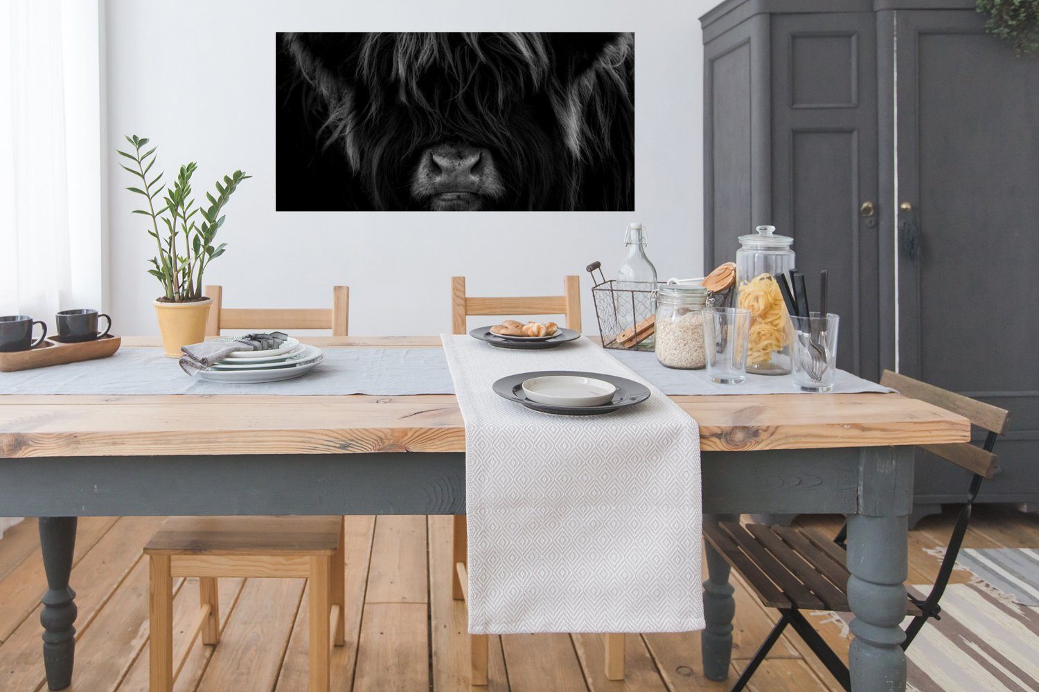 Porträt, Bild - Schottischer - Ohne Weiß - Poster Highlander MuchoWow Wanddeko Kuh Schwarz Wohnzimmer, für Schlafzimmer, Rahmen, - St), Wandposter, (1