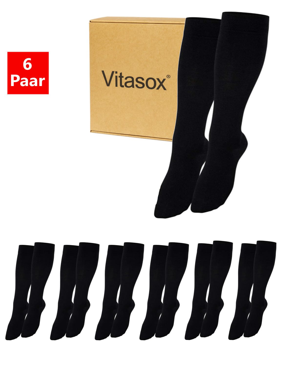 Vitasox Stützkniestrümpfe für Damen und Herren 6 Paar - Stützwirkung und Kompression (6-Paar) leichte bis mittlere Kompression