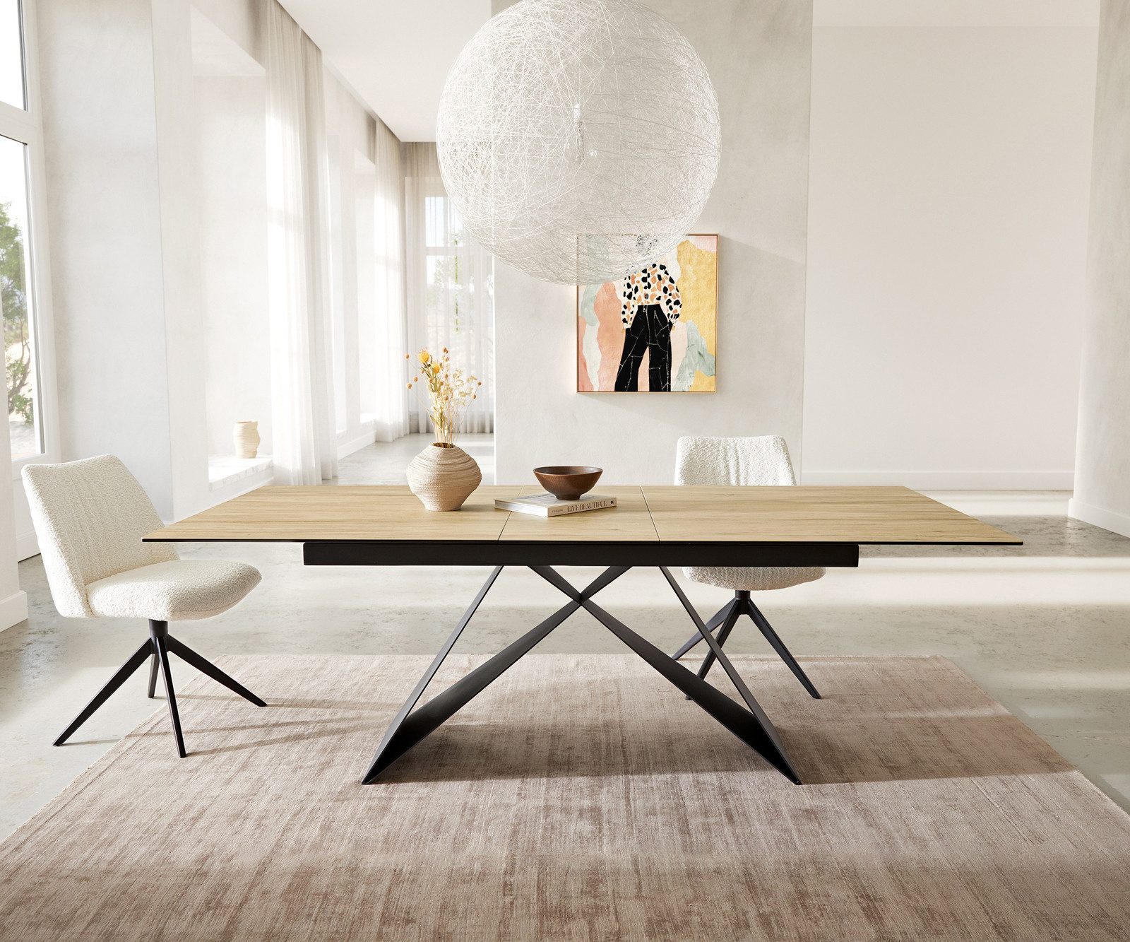 DELIFE Esstisch Edge, Keramik Laminam® Sabbia Eichefarbig 180-220x100 V-Gestell Flachstahl S