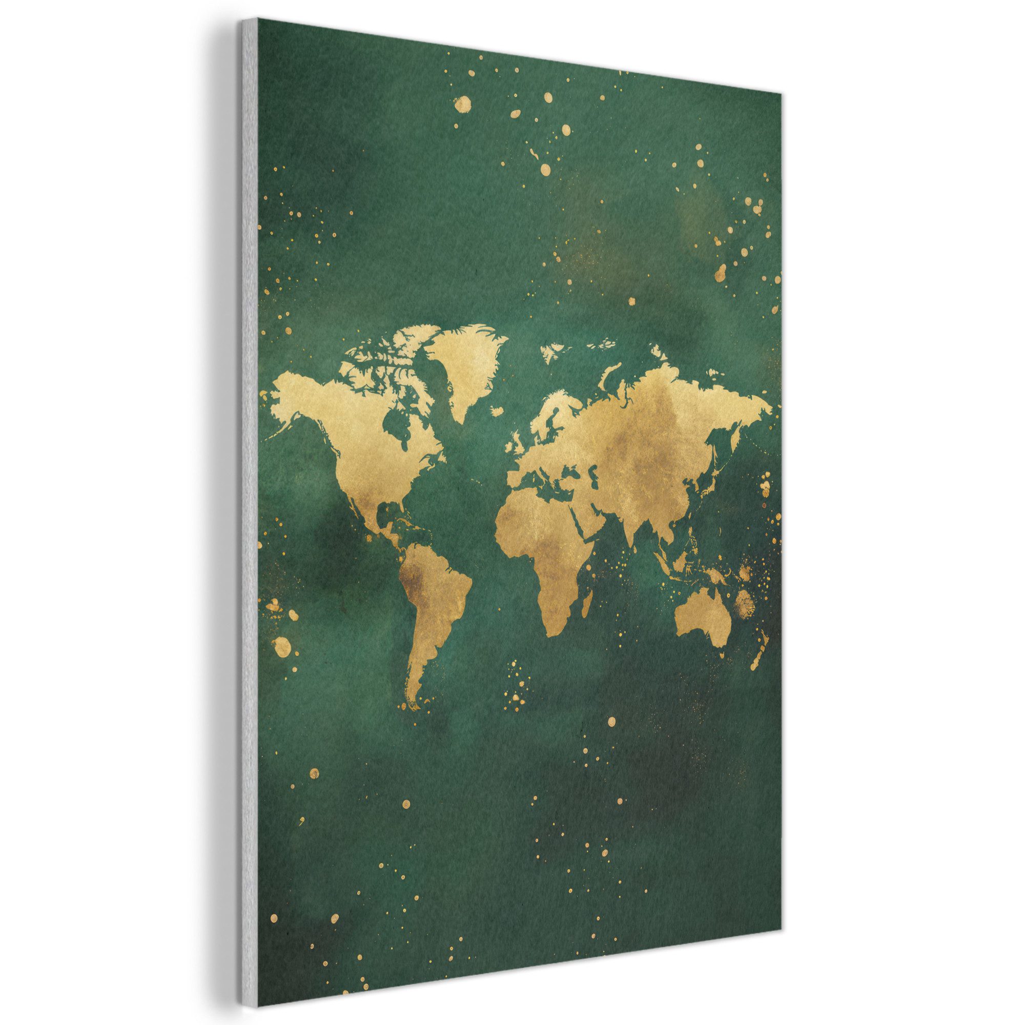 MuchoWow Gemälde Weltkarte - Grün - Gold, Fotodruck (1 St), Akustikpaneele, Wandpaneele, Schalldämmung, Akustikbilder 30x40 cm