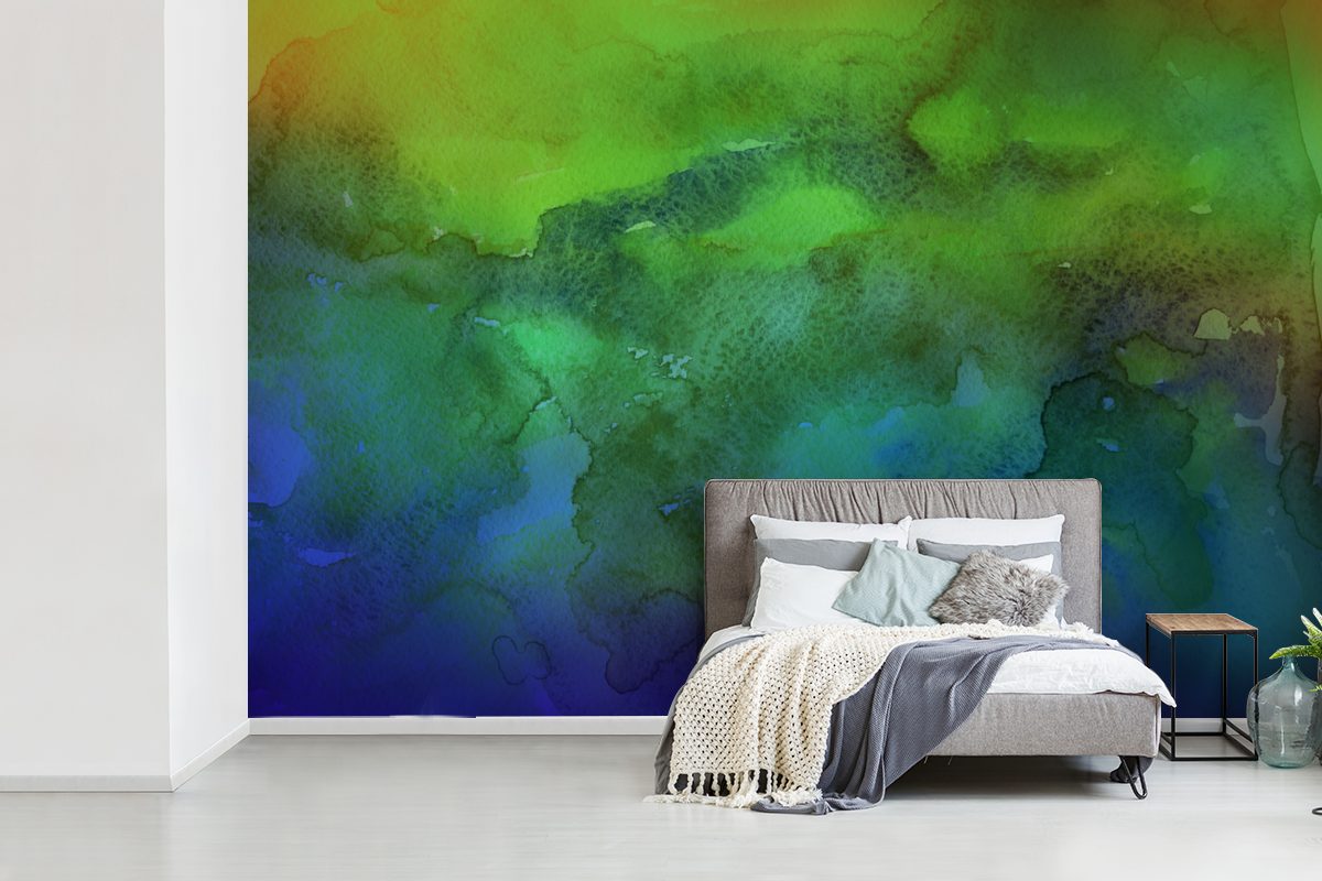 Blau, Farbton - - Aquarell - Wohnzimmer, Vinyl Tapete Schlafzimmer, St), bedruckt, (6 Matt, Wallpaper Grün Kinderzimmer, Fototapete für MuchoWow