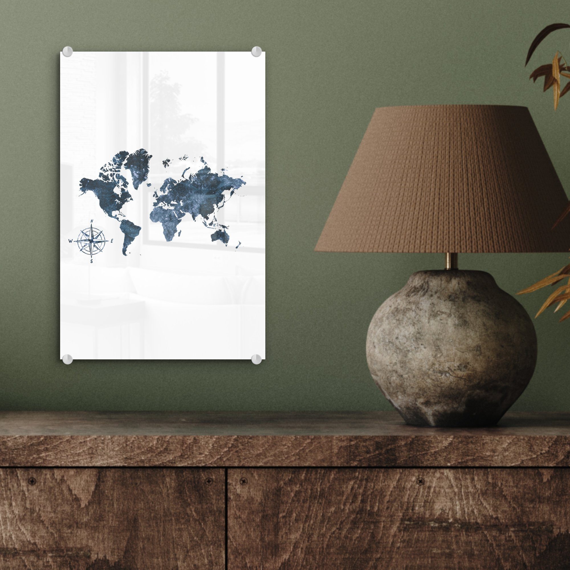 MuchoWow Acrylglasbild Glitzer, (1 Weltkarte - St), - Kompass Wanddekoration Wandbild - Bilder Foto - Glas Glas - auf Glasbilder auf