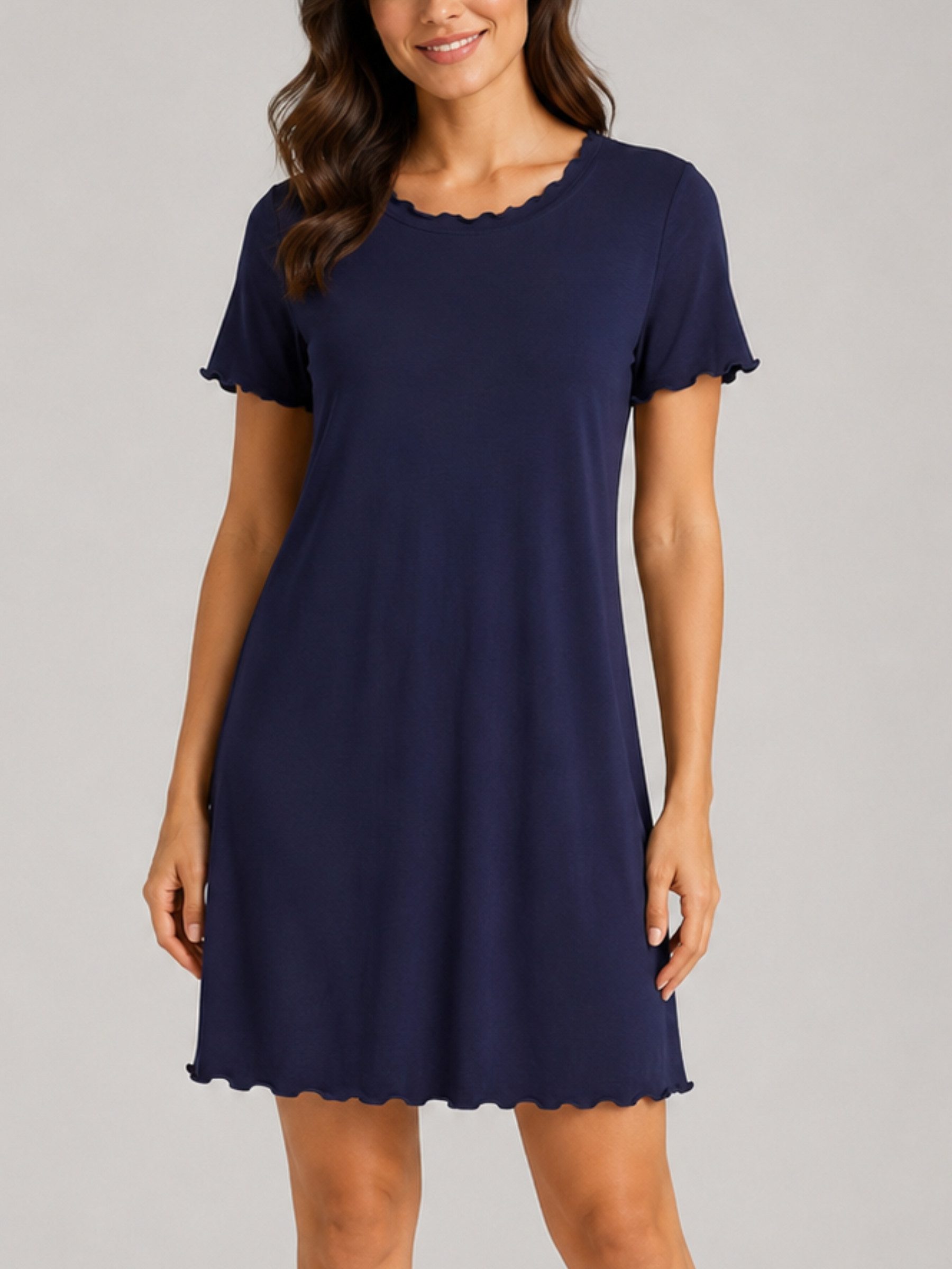 Elegant Love Nachthemd Damen Schlafkleid für den Sommer – Kurzarm-Nachtwäsche mit Wellensaum Loungewear Sleepshirt – Bequemes Hauskleid mit Rundhalsausschnitt