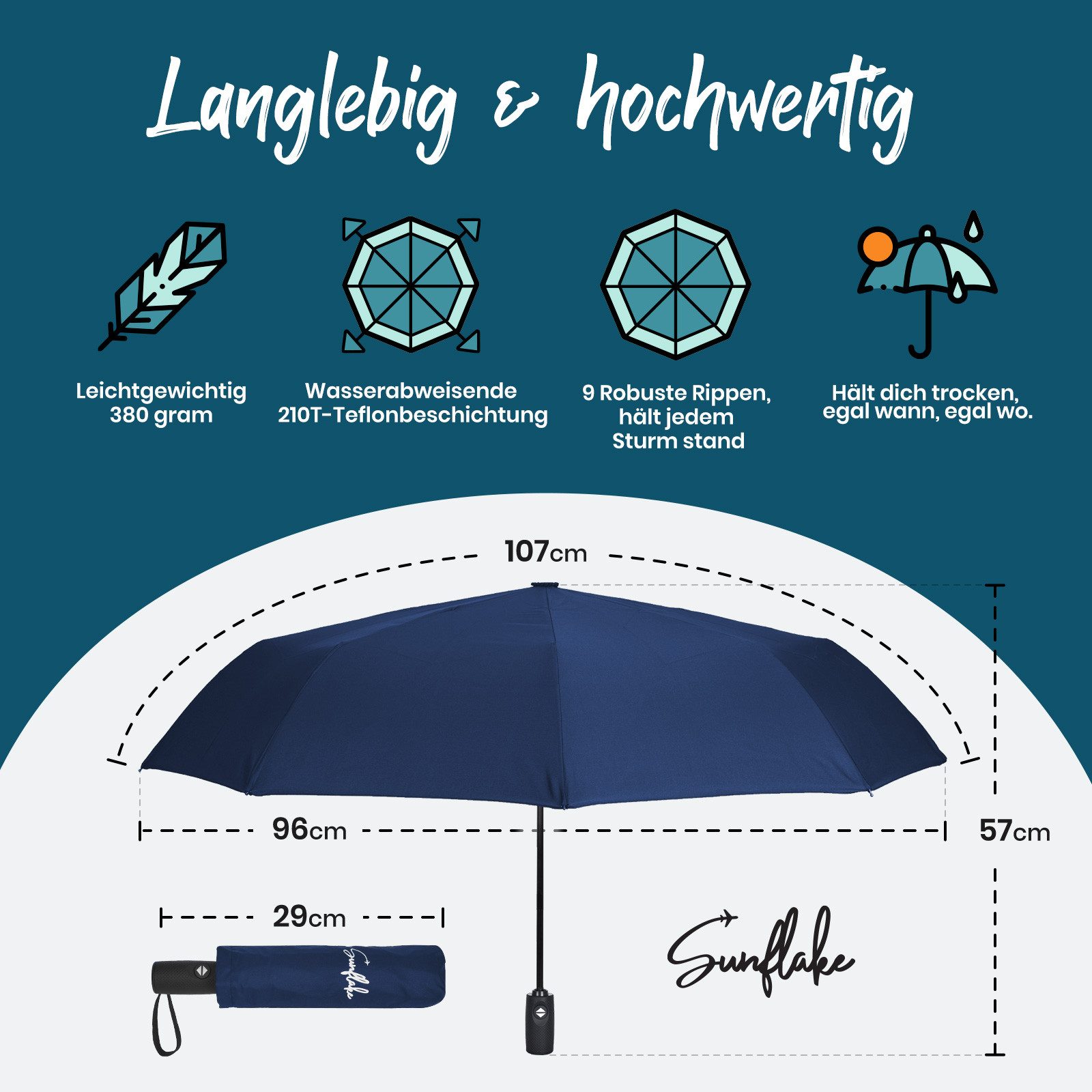 Sunflake Taschenregenschirm Faltbar & Sturmfest - günstig online kaufen