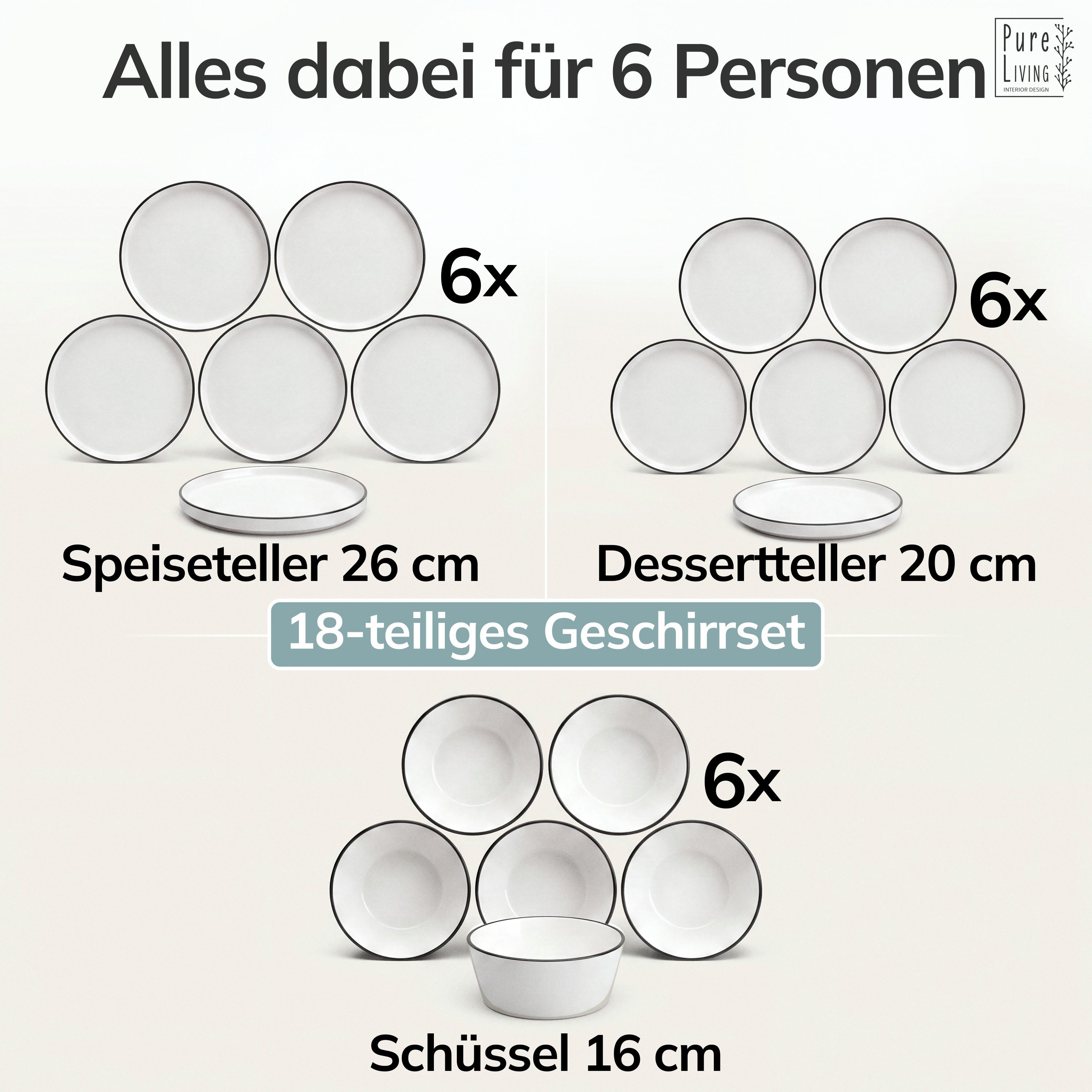 PURE LIVING INTERIOR DESIGN Geschirr-Set Scandi aus Porzellan, 18-tlg., für 6 Personen, Weiß - Schwarzer Rand (18-tlg), 6 Personen, Porzellan – Bild 5 von 5