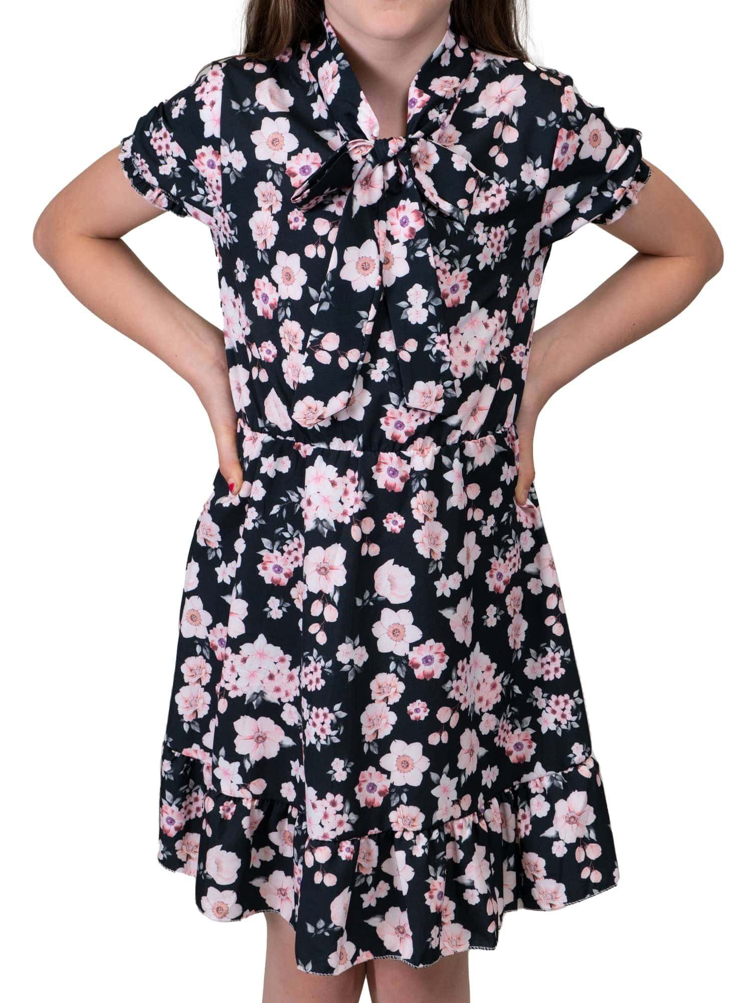 KMISSO Sommerkleid kurze Ärmel (1-tlg) bequem Schwarz 30381 tragen zu Mädchen Stehkragen Voant Kleid