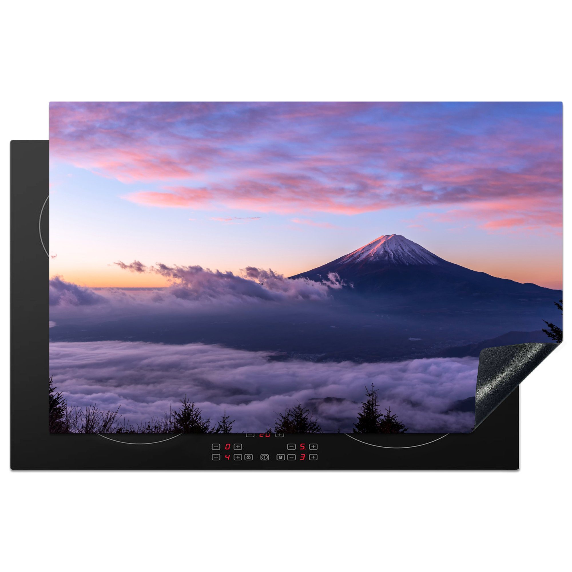 MuchoWow Herdblende-/Abdeckplatte Der Berg Fuji mit einer dicken Nebelschicht im Vordergrund in Japan, Vinyl, (1 tlg), 81x52 cm, Induktionskochfeld Schutz für die küche, Ceranfeldabdeckung
