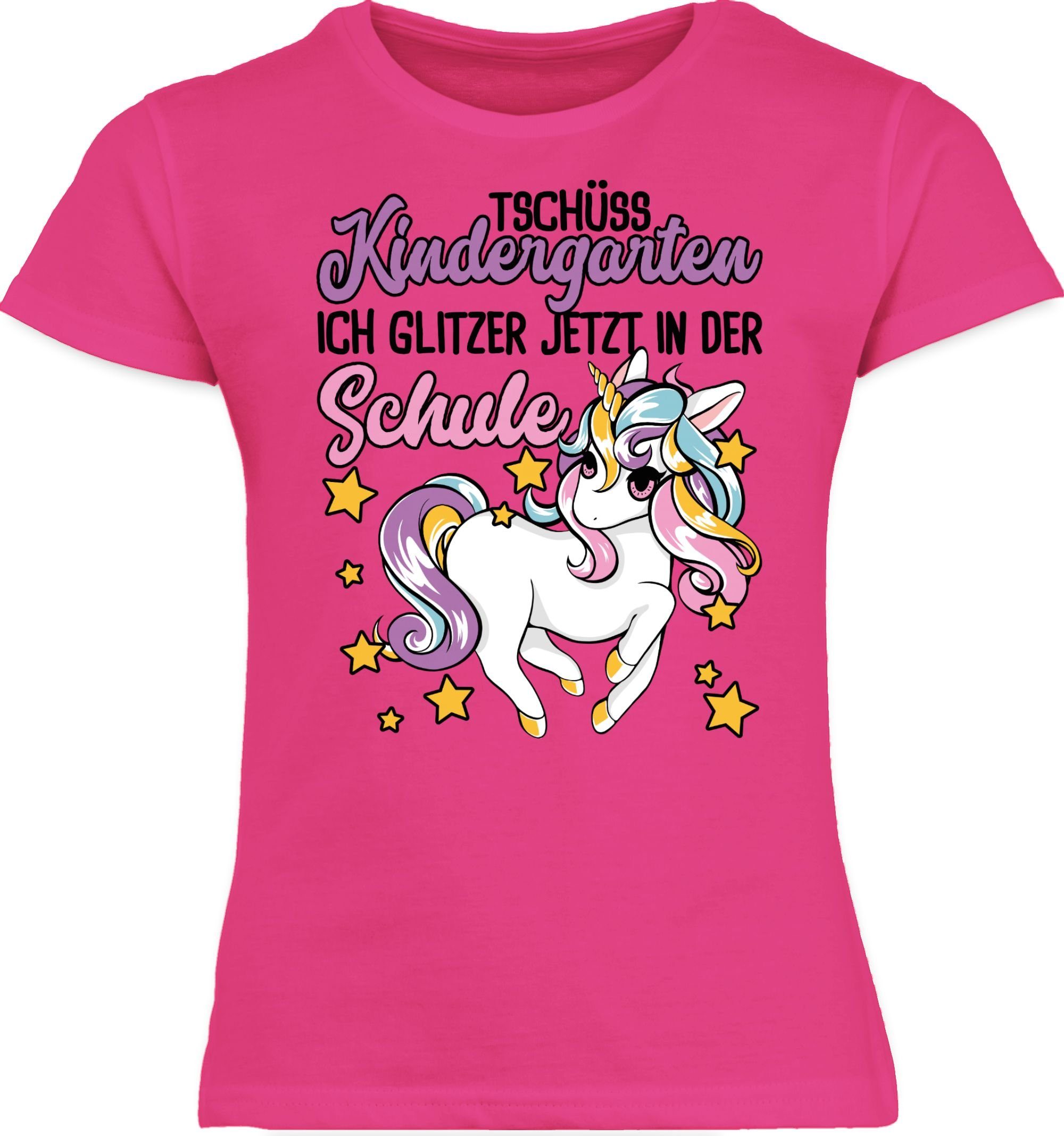 Shirtracer T-Shirt Tschüss Kindergarten Einhorn - Glitzer jetzt in der Schule Einschulung Mädchen 1 Fuchsia