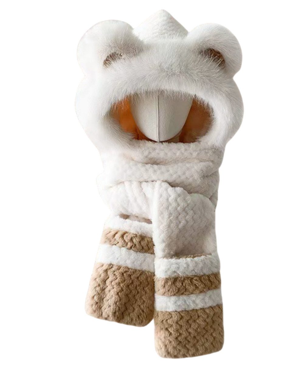 YVMOOEC Mütze & Schal Wintermütze Damen mit Schal & Handschuhe 3-in-1 Set (Sets, Für Damen, Kopfumfang 54-60cm, Ideal für Alltag) Mit süßen Bärenohren - Weich & kuschelig warm