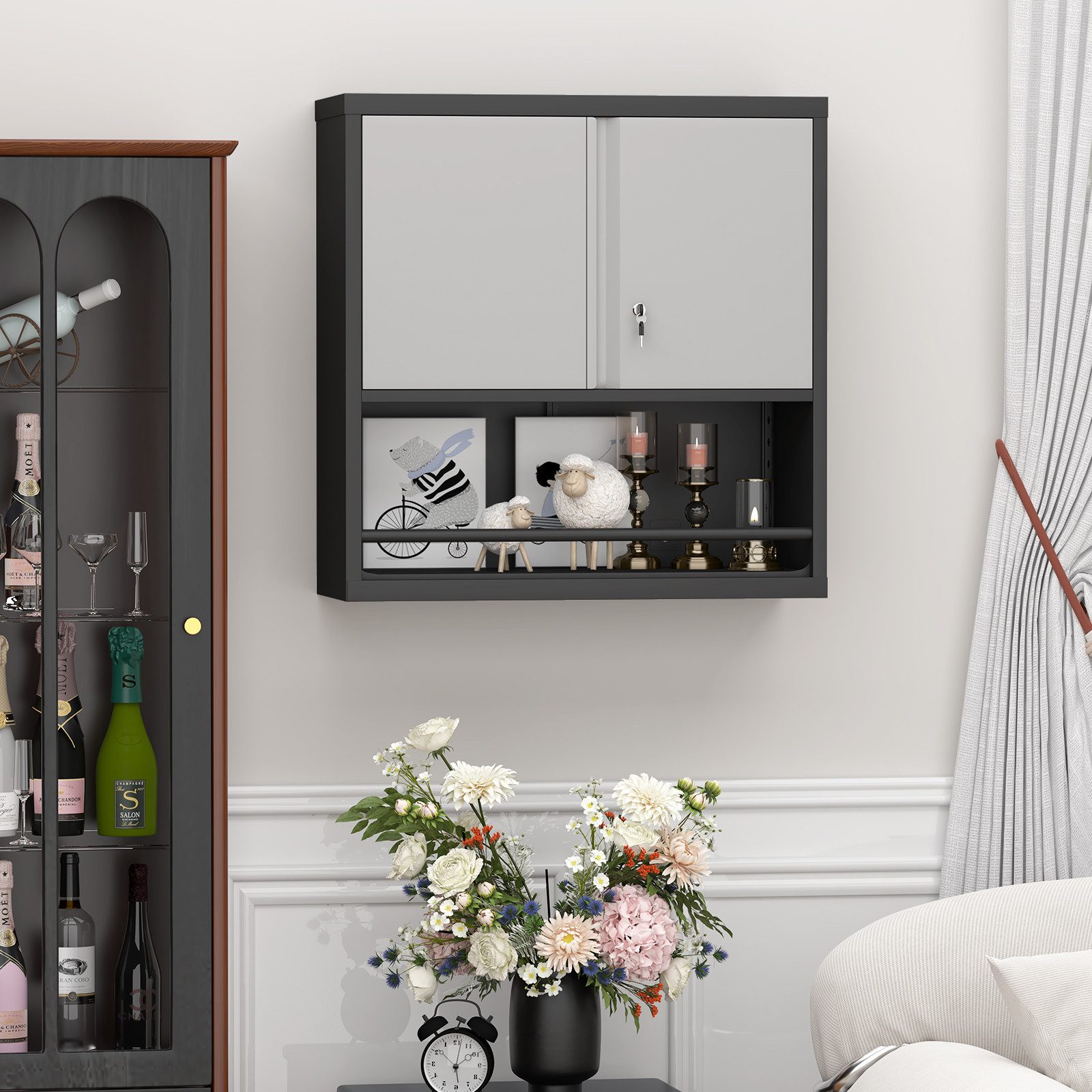HAUSS SPOLE Hängeschrank mit verstellbaren Einlegeböden,Metallschrank Küchenschrank,Schwarz (Wandschrank Metallschrank wandmontiertes Design mit abschließbarer Tür)