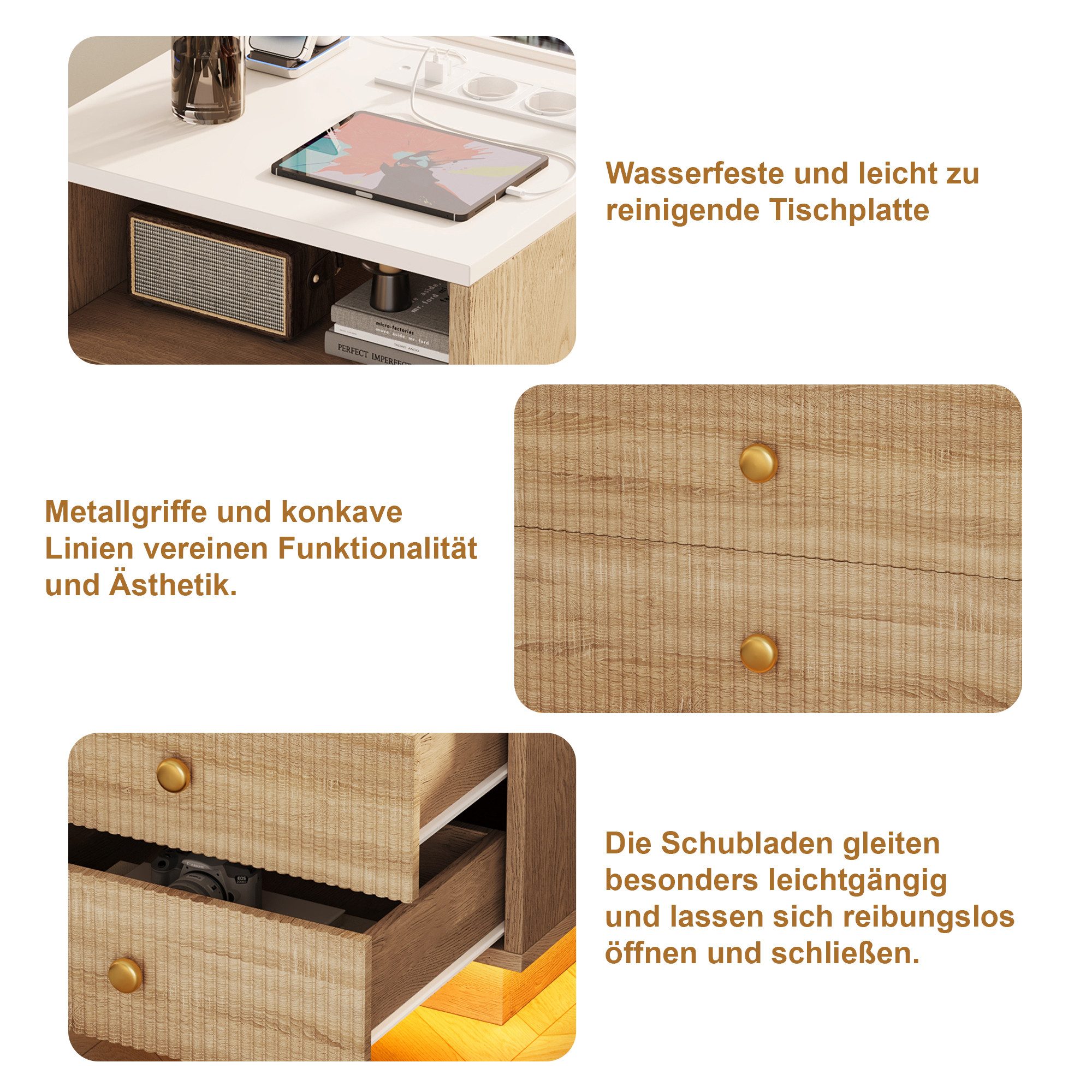 ADWOLT Nachttisch Nachtschrank mit 2 Schubladen (Set, 1-St., 2er Set), Beistelltisch mit Ladestation und LED Offenes Fach – Bild 5 von 5