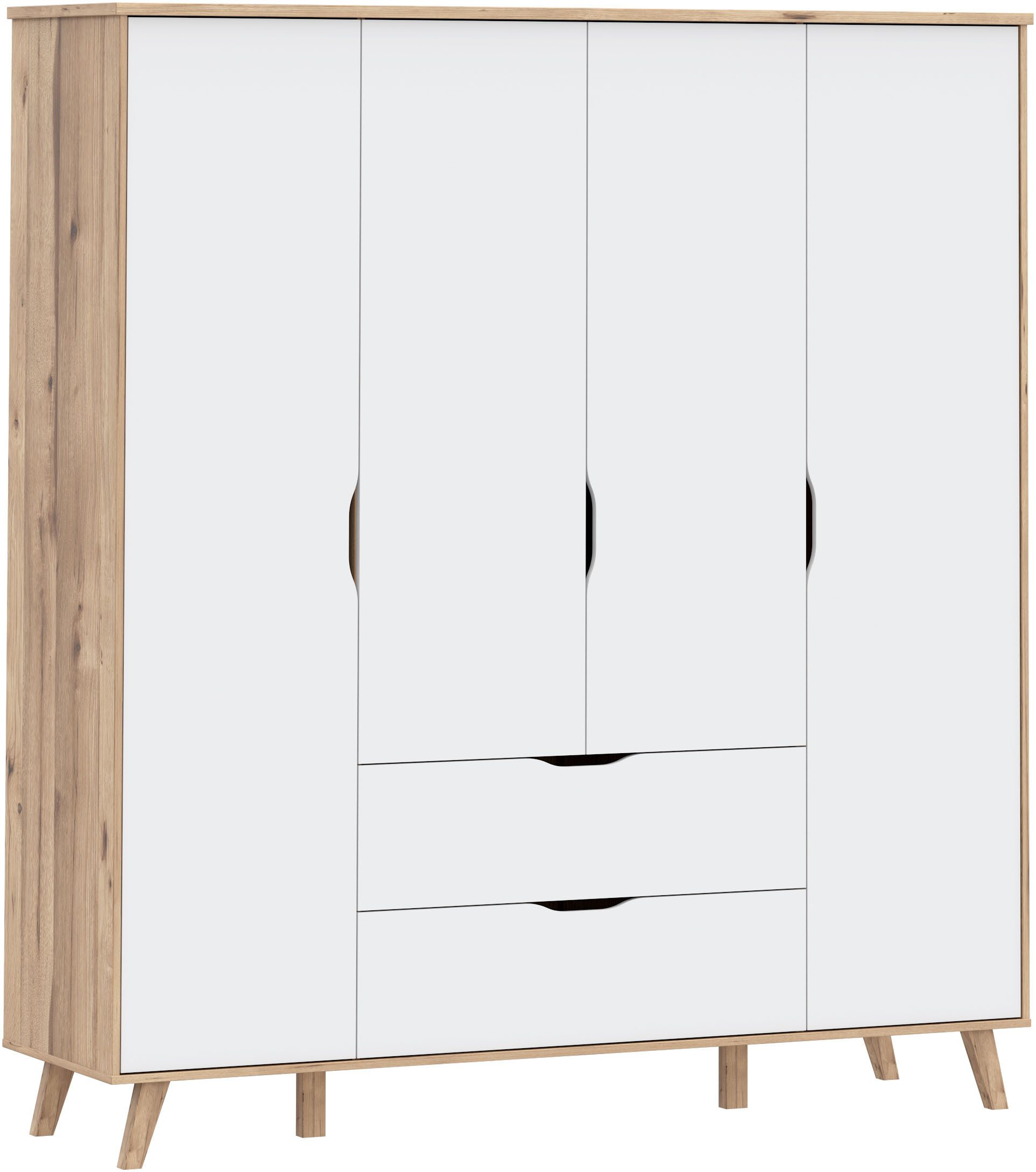 FORTE Kleiderschrank Vankka, Drehtürenschrank, Viel Stauraum, skandinavischer Stil Made in Europe, mit Einlegeböden+Kleiderstangen+Schubladen,grifflos