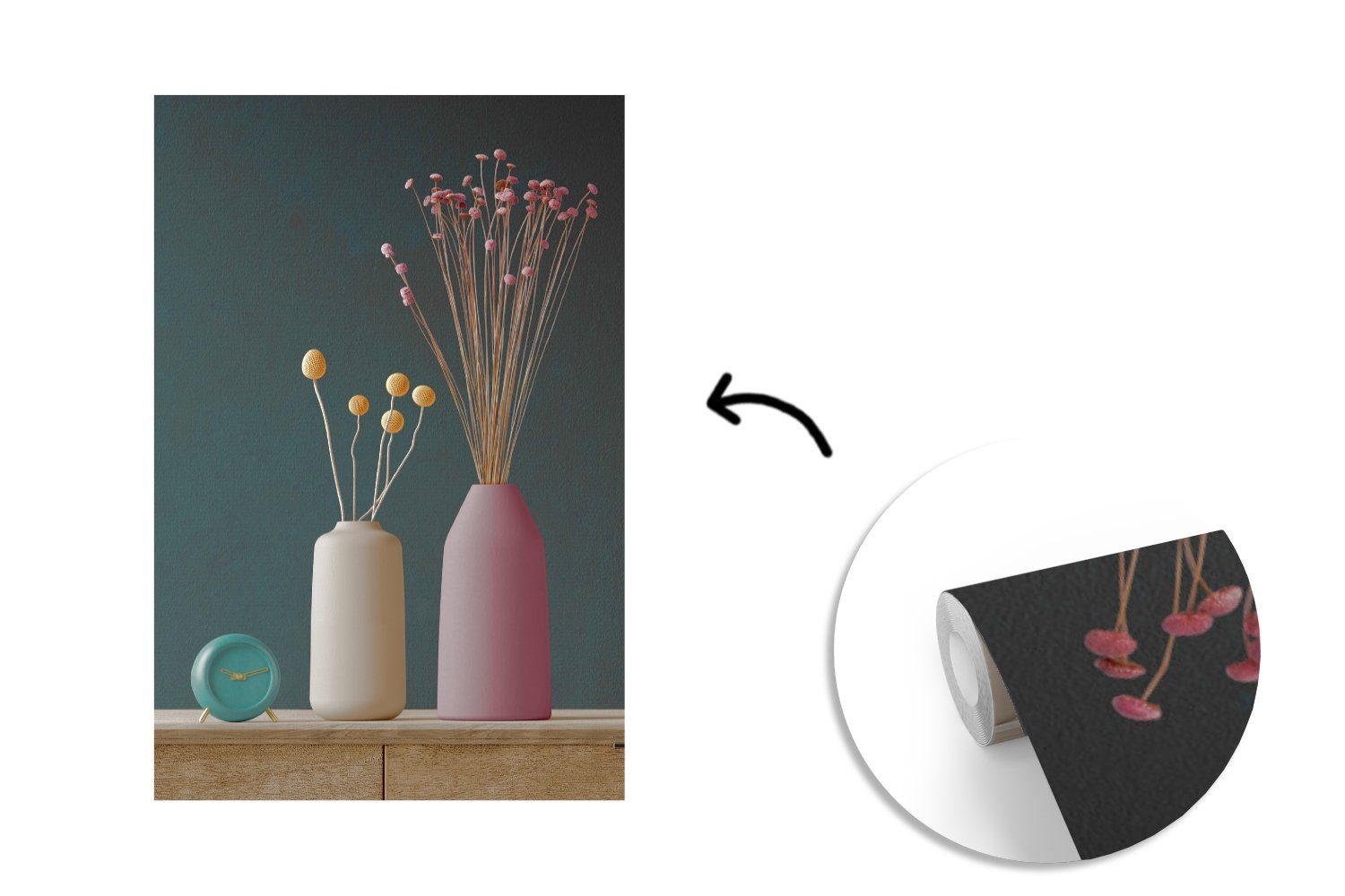 MuchoWow Fototapete St), Matt, für Wohnzimmer, (3 - Blumen Wecker, Montagefertig Wandtapete Stilleben - Vinyl Tapete bedruckt