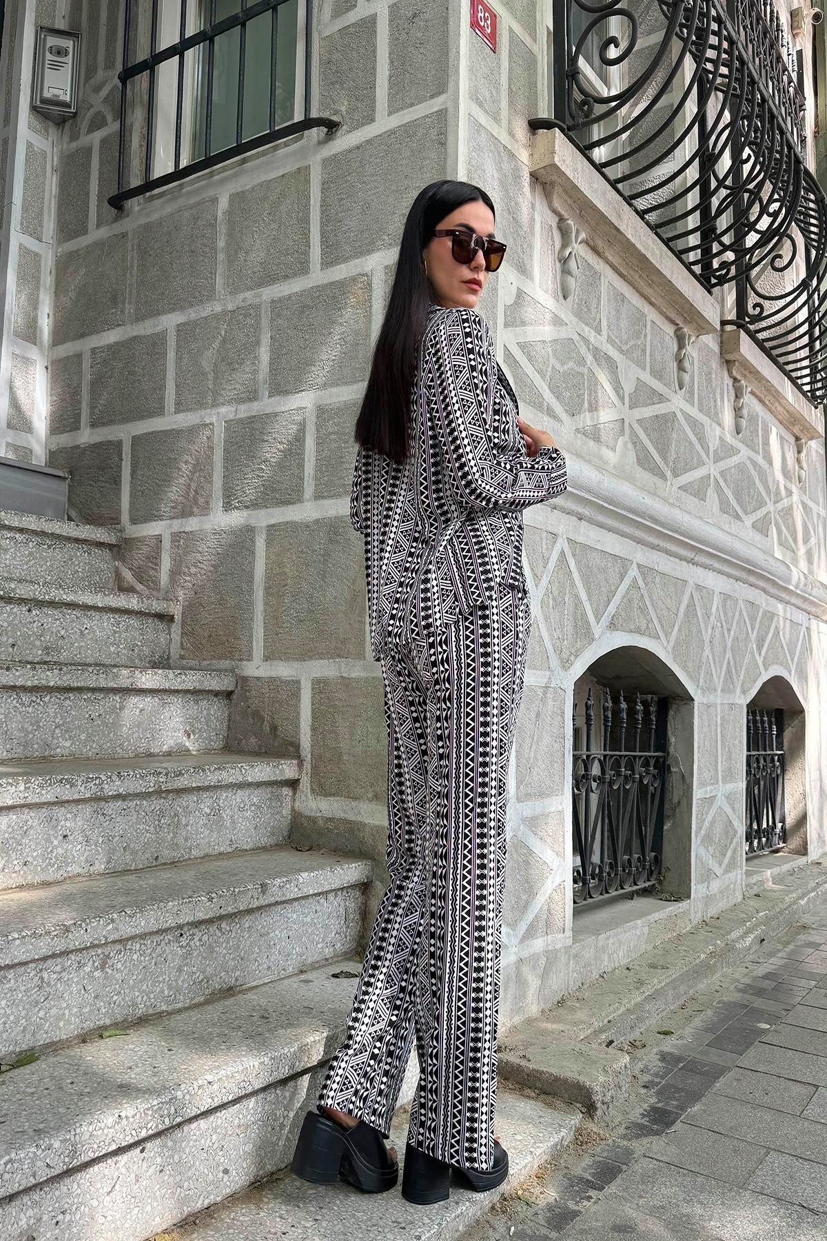 For You Moda Hosenanzug 3-teiliges Viskose gemustertes Bustier-Hosen-Set günstig online kaufen