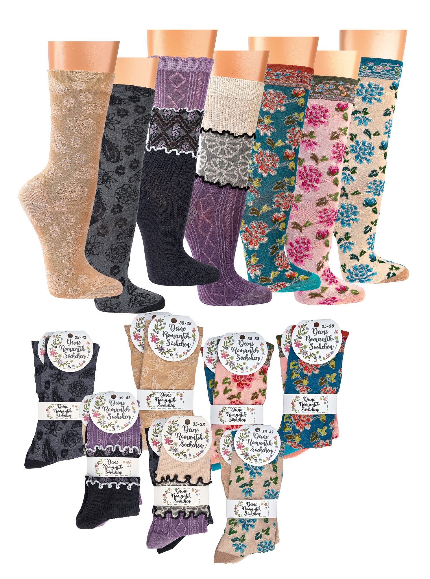 Freizeitsocken romantische verspielte Landhaus Socken mit floralem Muster Vintage