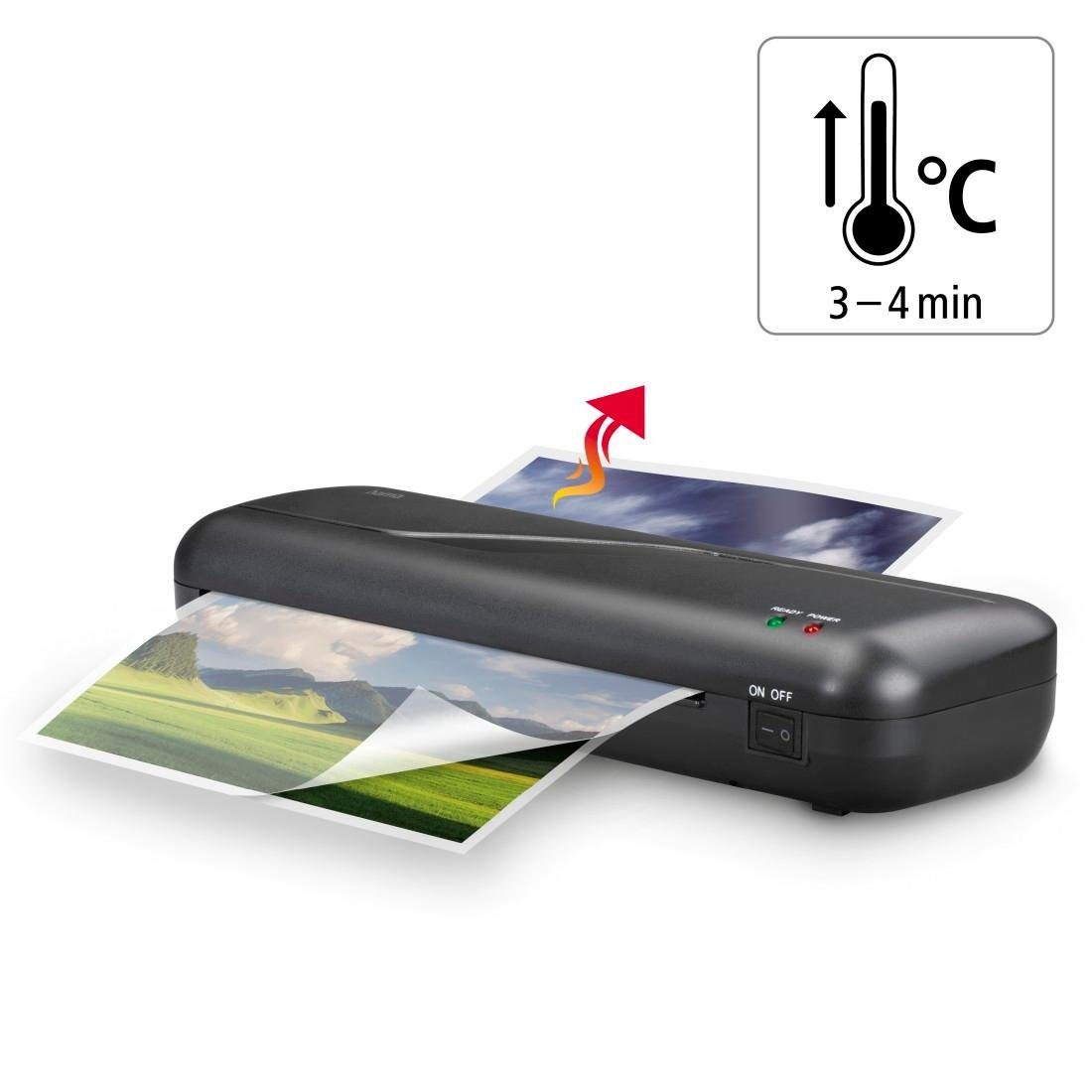 Hama Laminiergerät Laminator 4in1-Set für DIN A4, 2 Rollen, Tischgerät, schwarz, Mit Laminierfolien, Schneidlineal, Eckenrunder und Entriegelungstaste
