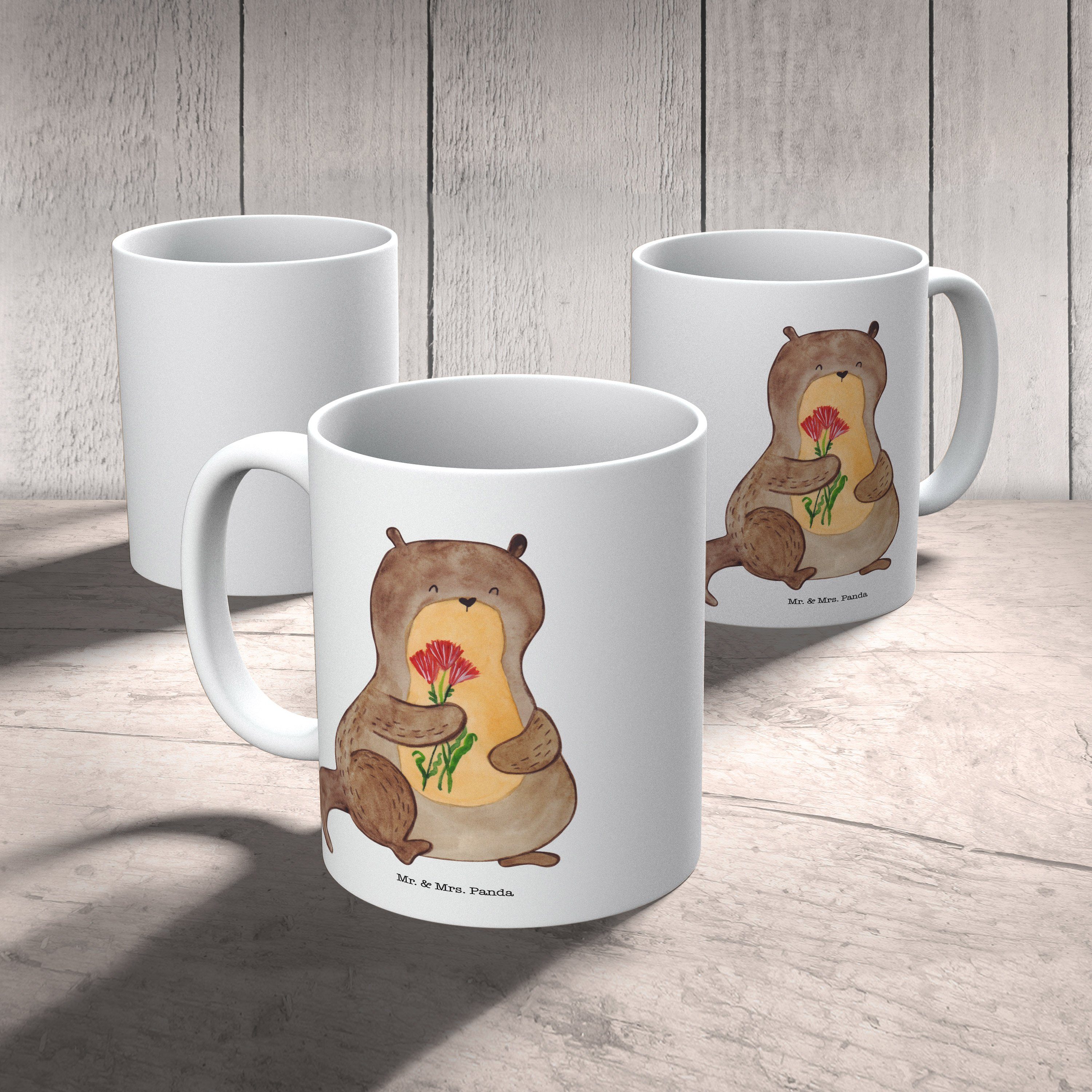 Mr. & Mrs. Panda Kinderbecher Weiß Geschenk, Tasse, Kunststoff Kaffeetasse, Fischotter, - - Otter Blumenstrauß