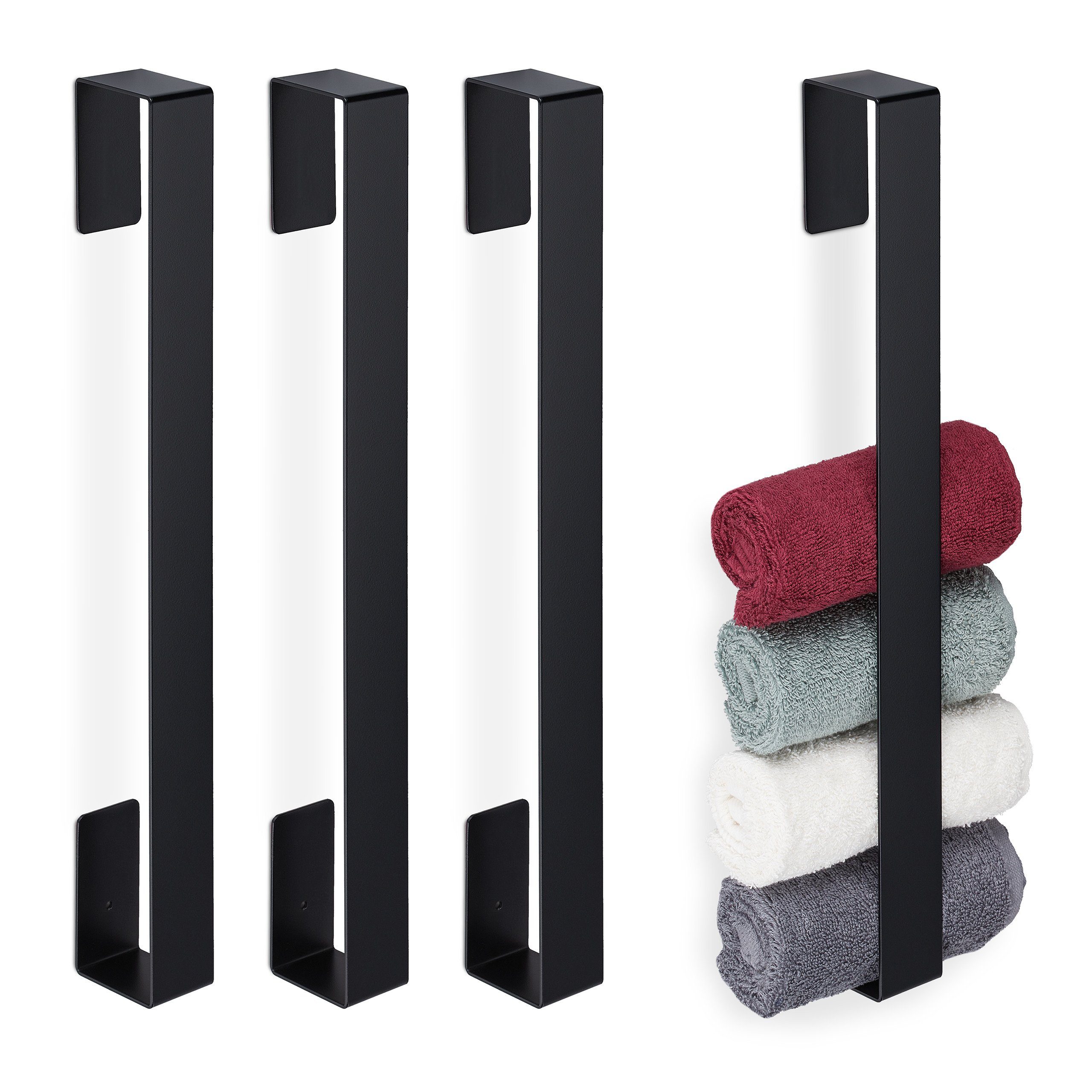 relaxdays Handtuchhalter 4 x Handtuchhalter ohne Bohren schwarz
