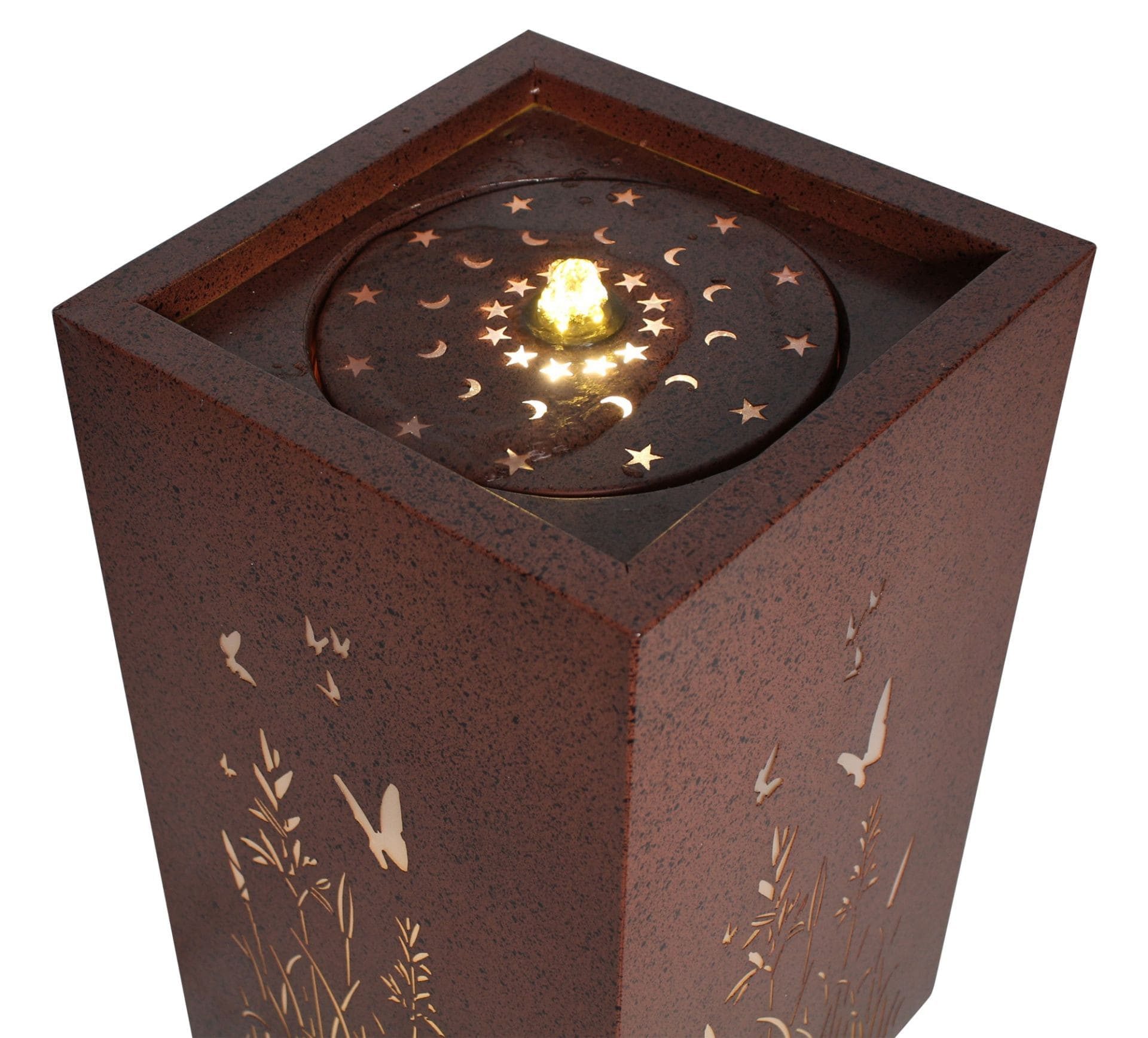 Frank Flechtwaren Gartenbrunnen "Blumenwiese" Outdoor Brunnen, Metall mit Rost Finish, LED Beleuchtung, Springbrunnen 30x30x55cm, Zierbrunnen, Dekobrunnen, Standbrunnen