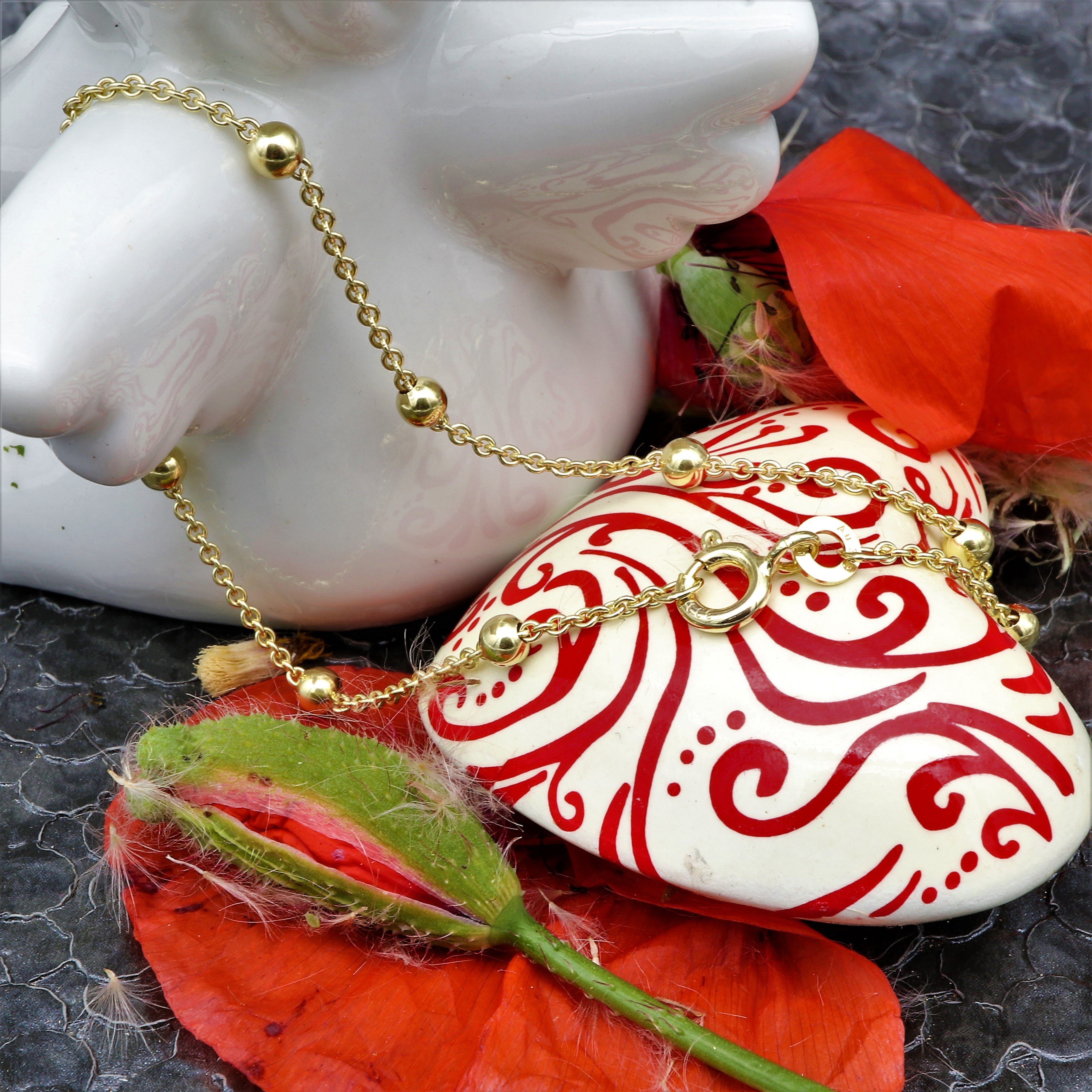 G & J Goldarmband Ankerkette rund (1,3mm) mit 9Kugeln (3mm) 333 8Karat Gold 18,5cm lang (inkl. Schmucketui), Made in Germany