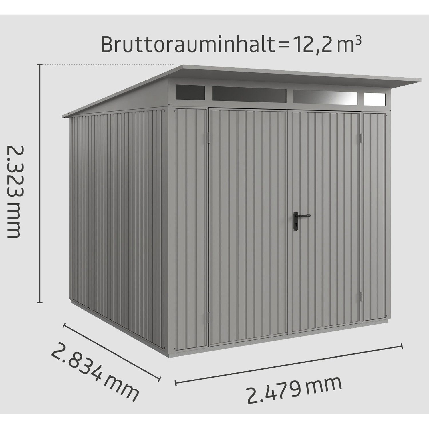 Hörmann 2-flüglige Trend graualuminium Tür Metall-Gerätehaus 2, mit Ecostar Gerätehaus Typ Pultdach