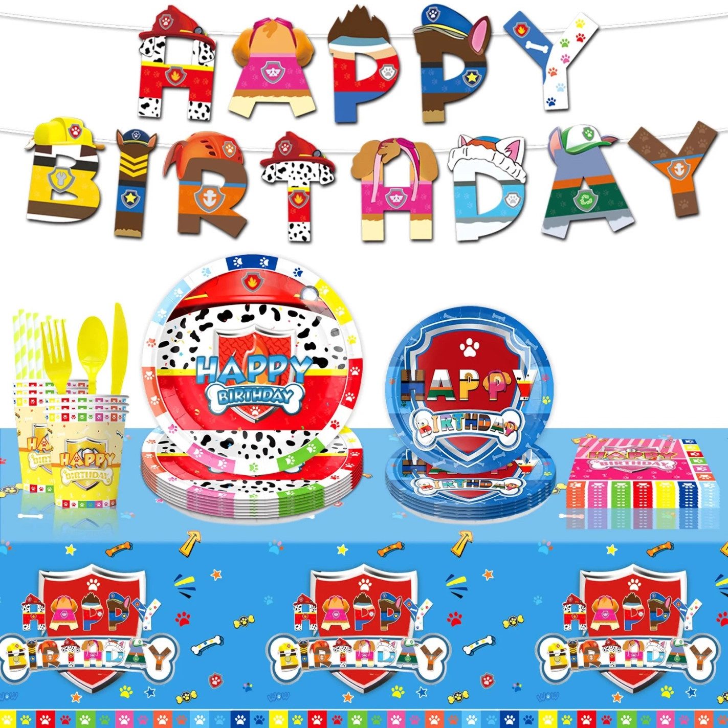 PartyFlamingo Kindergeschirr-Set Paw Patrol Party Set Geschirr für 10 Gäste Chase Deko Kindergeburtstag (51-tlg), 10 Personen