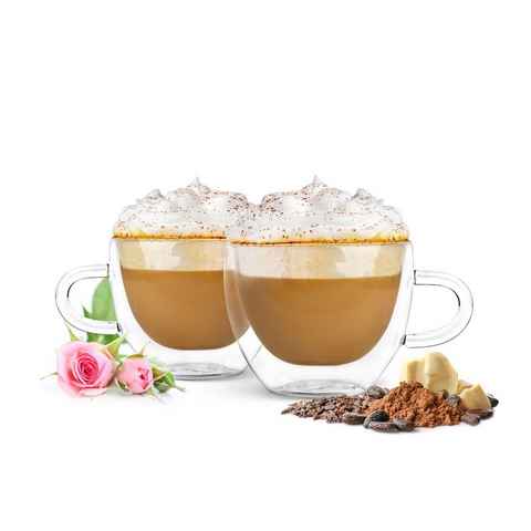 Sendez Thermoglas 4 Doppelwandige Cappuccino Tassen mit Henkel 300ml Kaffeegläser Teegläser Thermogläser Gläser, Glas