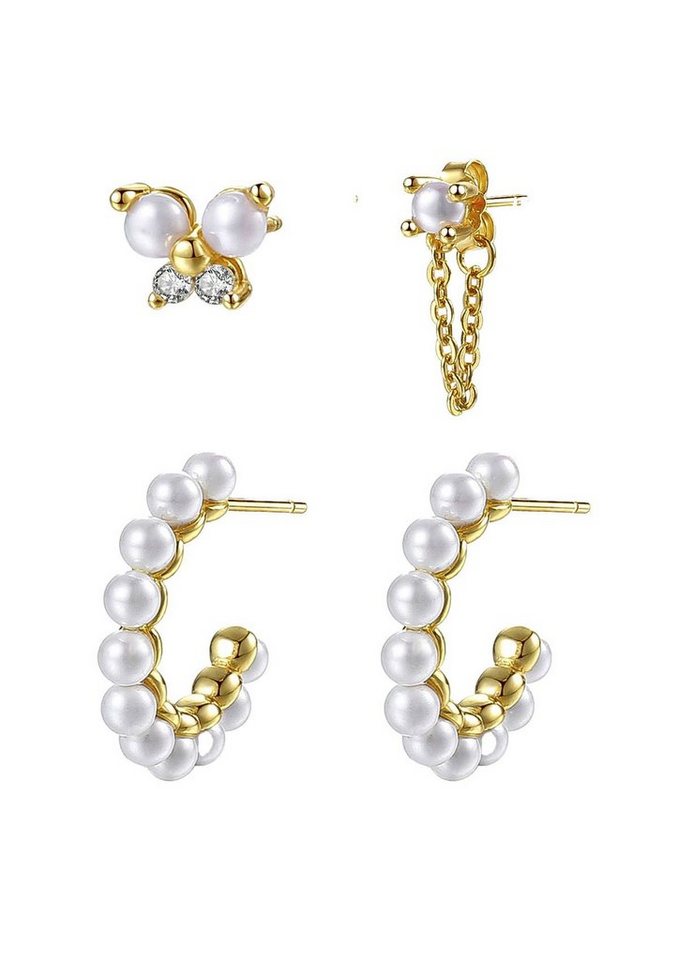 Hey Happiness Ohrring-Set Perlenspiel, 4er Damen Set Silber 925 mit Zirkon, Kristall Ohrring Schmetterling, Kettenohrstecker, Perlen Creolen