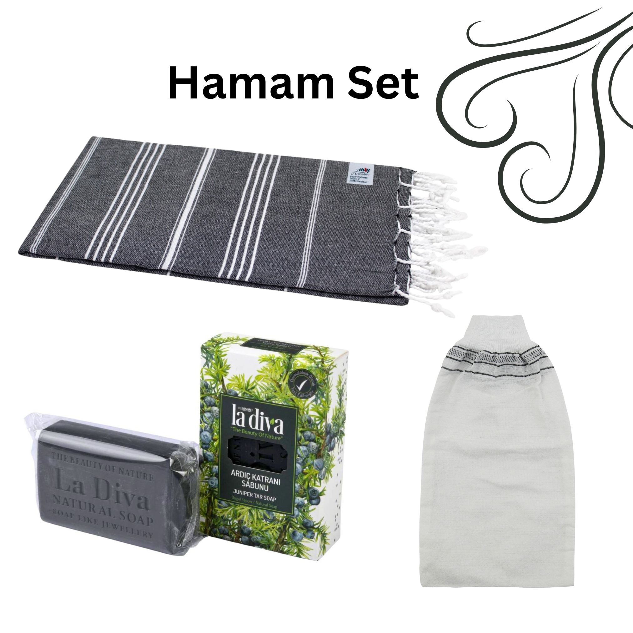 my Hamam Saunatuch Sauna Set Hamamtuch Seife Peelinghandschuh "Compact" schwarz, Baumwolle (Spar-Set, 3-St), vielseitig einsetzbar & kompakt