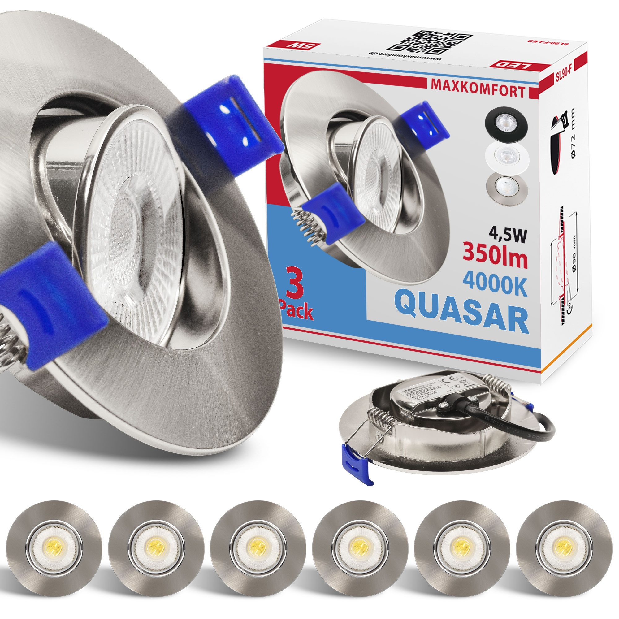 Maxkomfort LED Einbaustrahler 3/6/12er Set - schwenkbar & Ultraflach, Neutralweiß 4000K, LED fest integriert, Deckenspots Schwarz/Weiß/Silber - Einbauspots IP20 Ø90mm