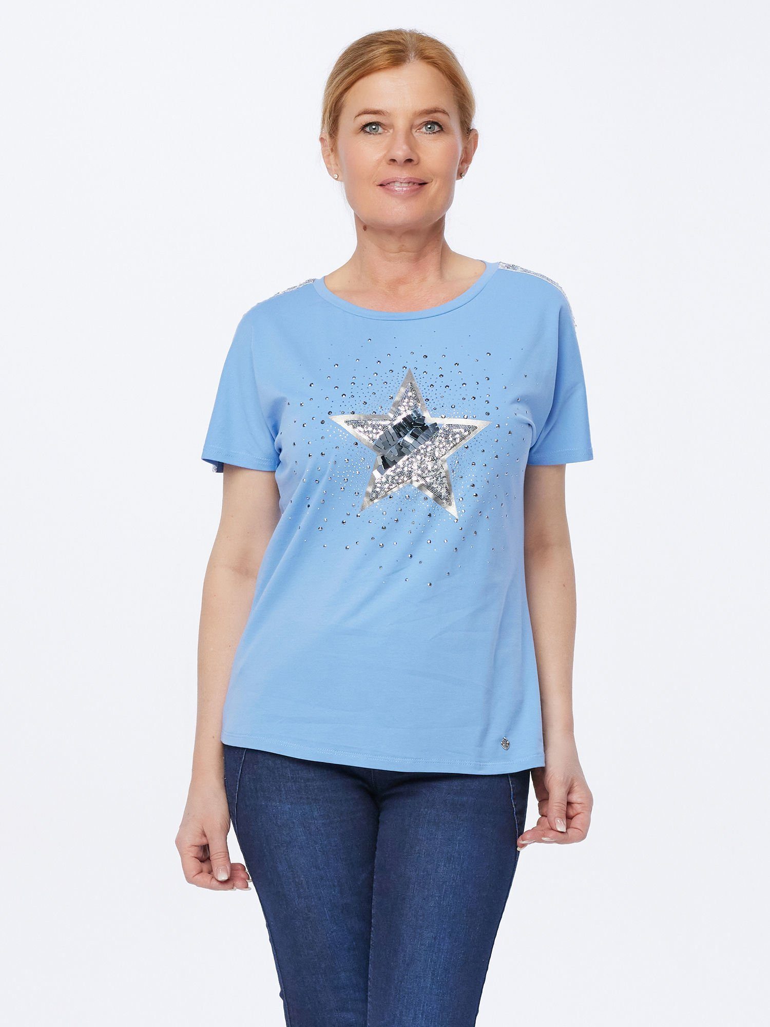 T-Shirt blau mit Christian Kurzarmbluse Stern-Motiv Materne