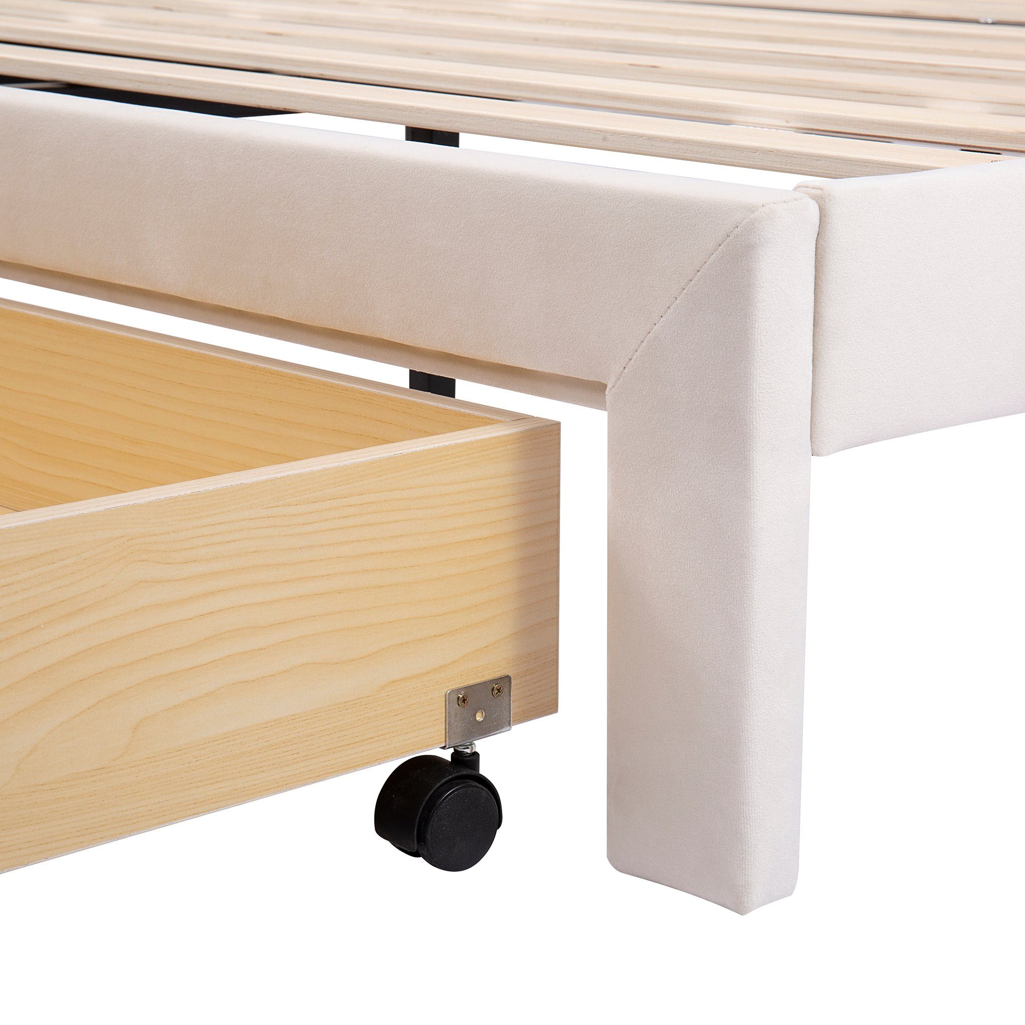 Polsterbett (140 x 200 cm Doppelbett), mit Lattenrost und Bettschubkästen, Höhenverstellbares Kopfteil, Samt