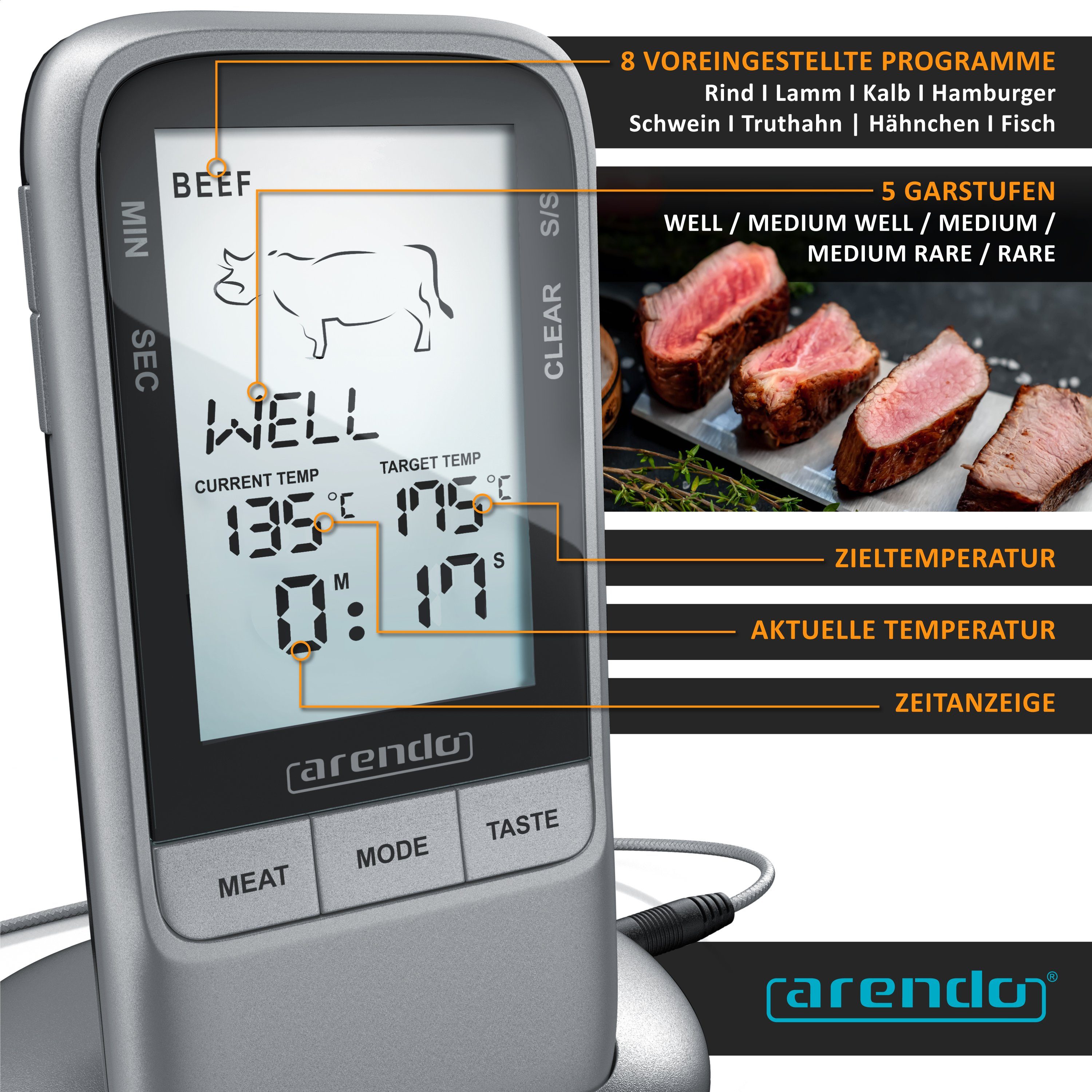 Arendo Grillthermometer Fleischthermometer, BBQ Steak Grill, Digital, Funk, Kabellos, Edelstahlsonde bis Max. 250°C