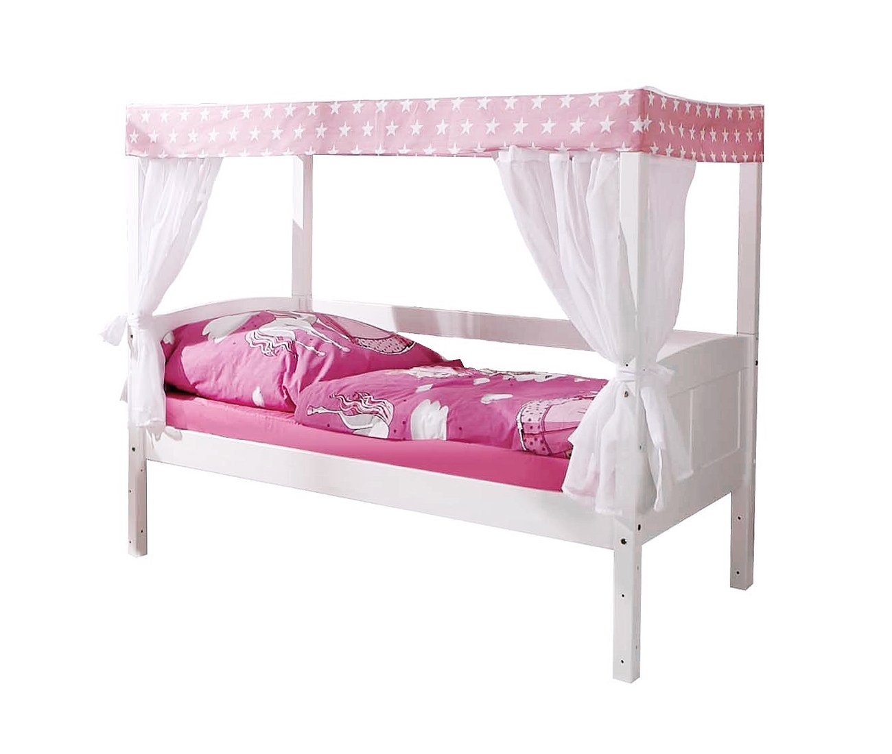 Ticaa Himmelbett Himmelbett Mini mit Bettkasten "Stern Rosa" Kiefer, Oberer Teil abnehmbar und als Einzelbett stellbar