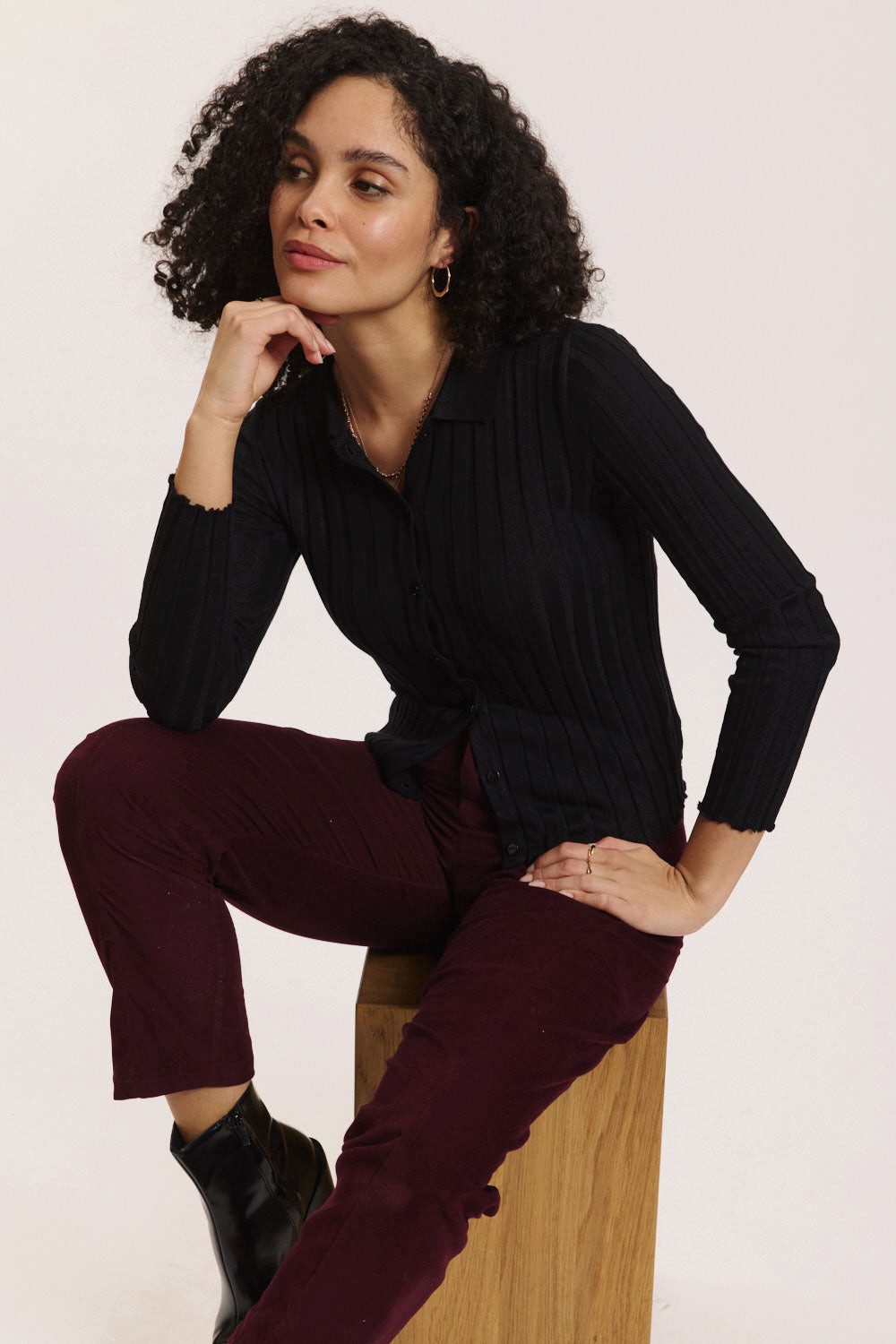 Tranquillo Cardigan Damen Mellii aus EcoVero™ Rippstrick Polokragen schmal geschnitten als feiner Pullover oder Strickjacke tragbar, unifarben, nachhaltig