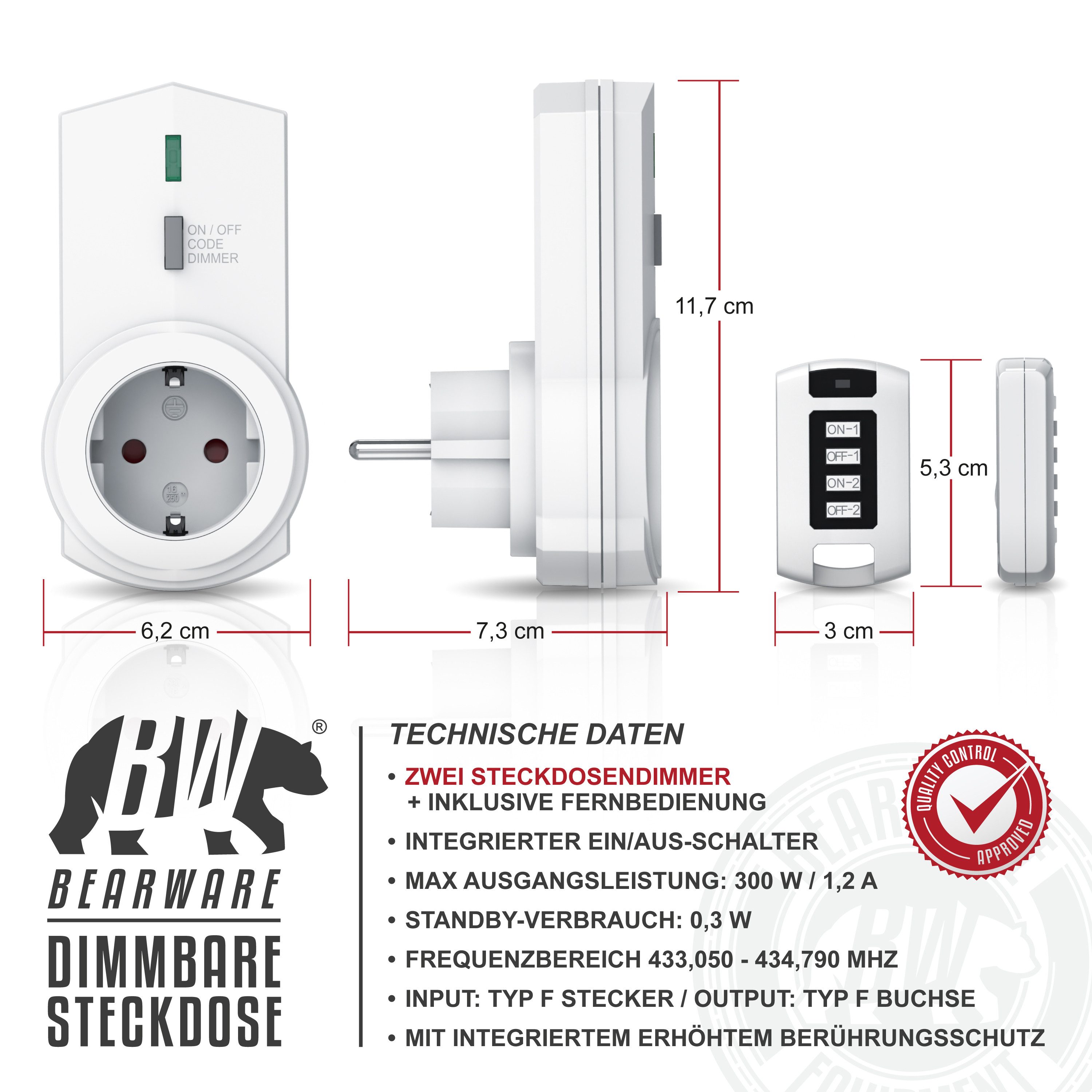 BEARWARE Funksteckdose Dimmbare Funk Steckdosen 2er Set mit Fernbedienung, IP20, 1-St., für den Innenbereich / Indoor, integrierter Berührungsschutz, Dimmbar – Bild 3 von 5