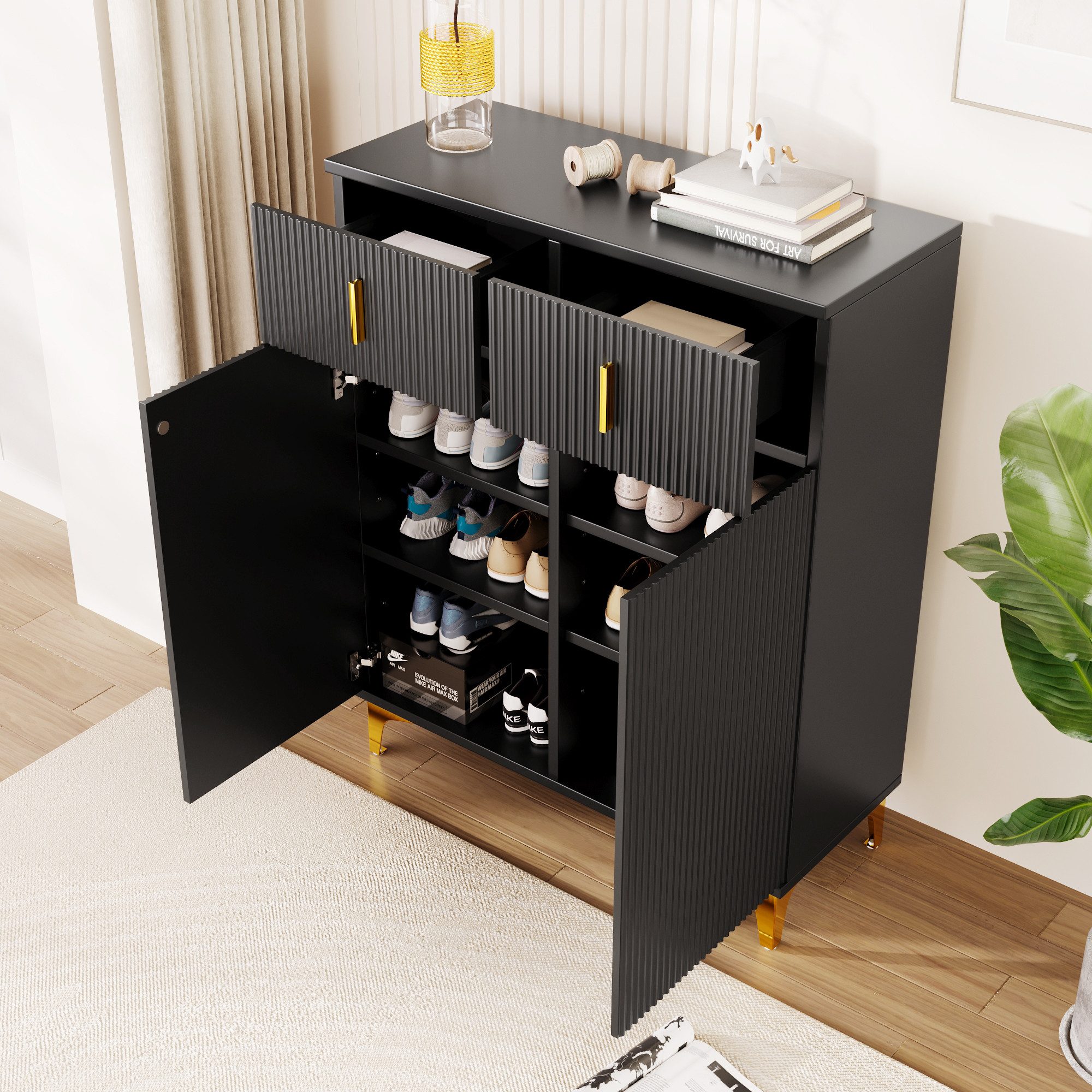 Merax Kommode mit Schubladen und Türen, Schubkastenkommode mit Metallbeine,Sideboard,Highboard