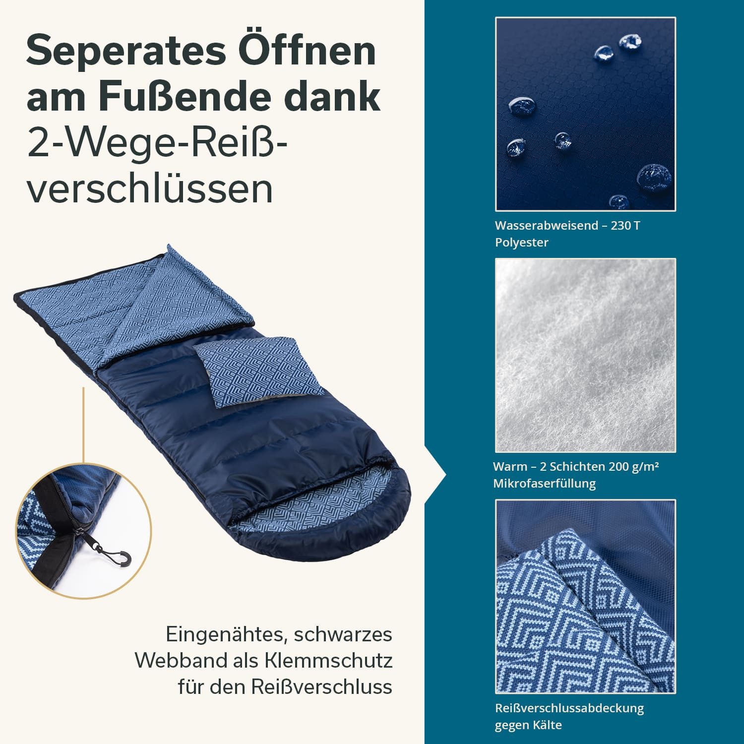 Skandika Schlafsack Dundee + Kopfkissen, 3 Jahreszeiten, bis -20°C - 220x80cm, Koppelbar (Innentasche mit Klett, Koppelbar, Kapuze/Kopfteil mit Kordel), Innenfu – Bild 3 von 5