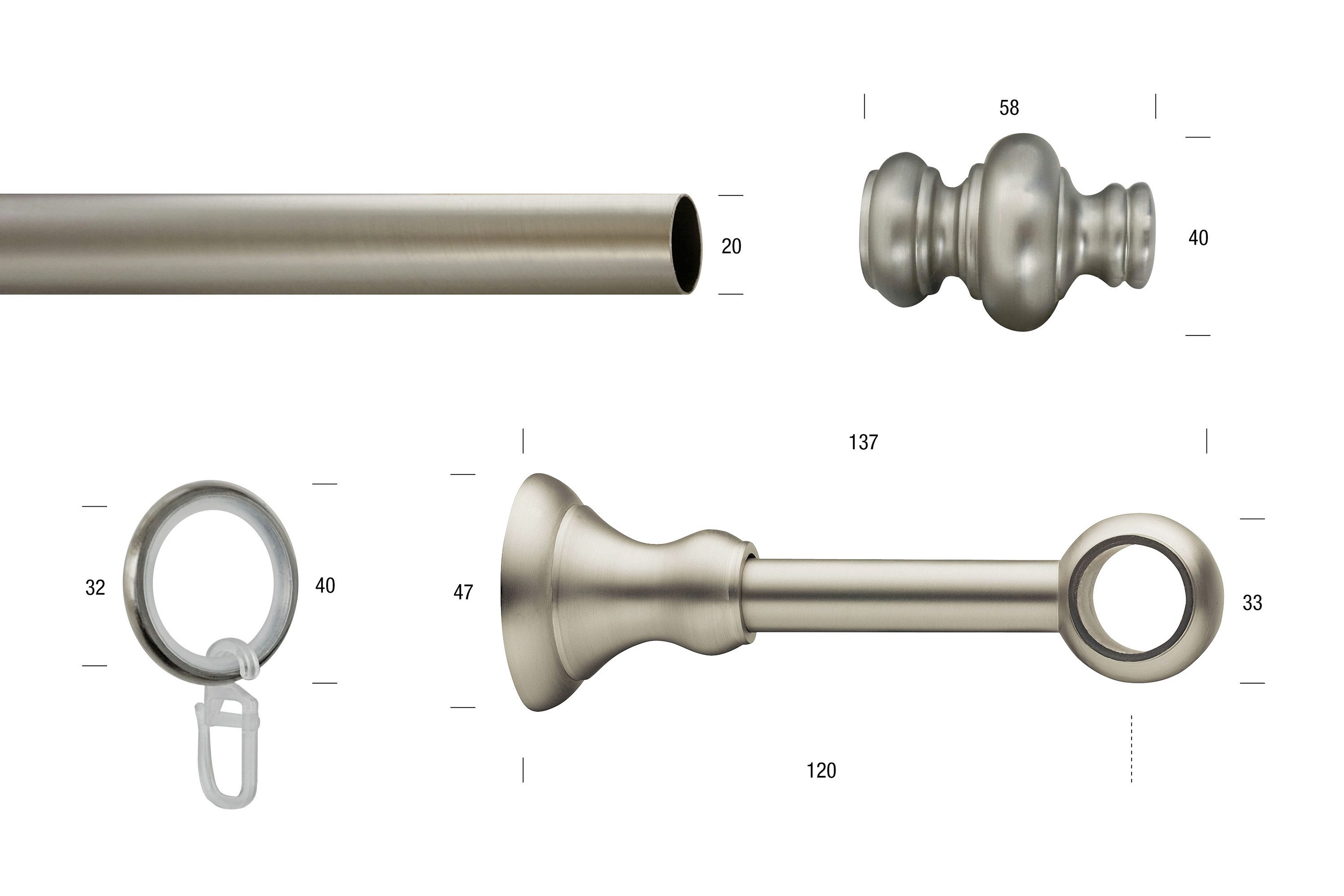 GARESA Gardinenstange ANDREA, Ø 20 mm, 1-läufig, Wunschmaßlänge, verschraubt, Metall, Vorhanggarnitur, verlängerbar, Endknopf Profil groß, mit Ringen