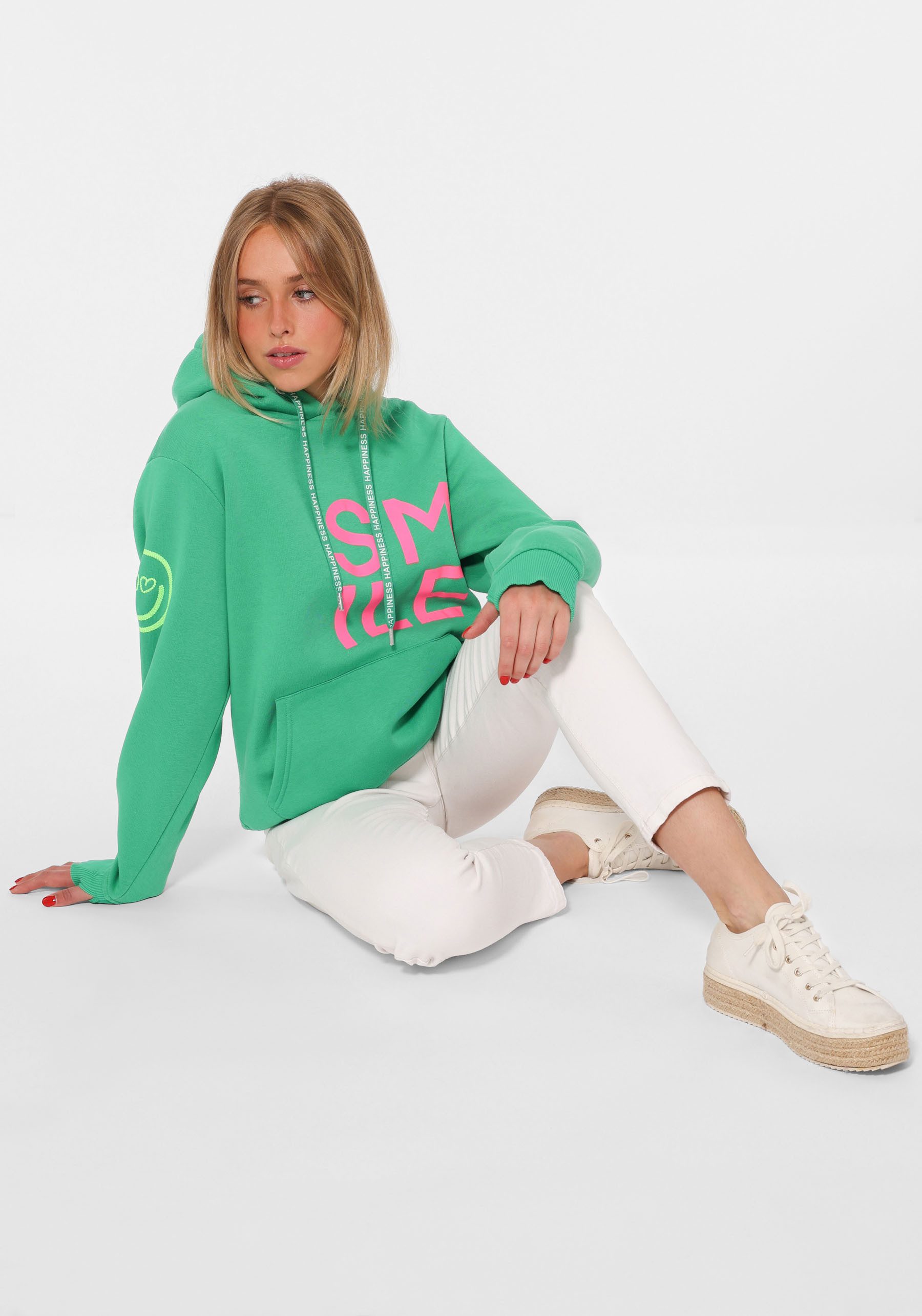 Zwillingsherz Hoodie "Alissa" Langarm, Kapuze, Neon-Details, Kordelzug, Frontprint, Kängurutasche – Bild 5 von 5