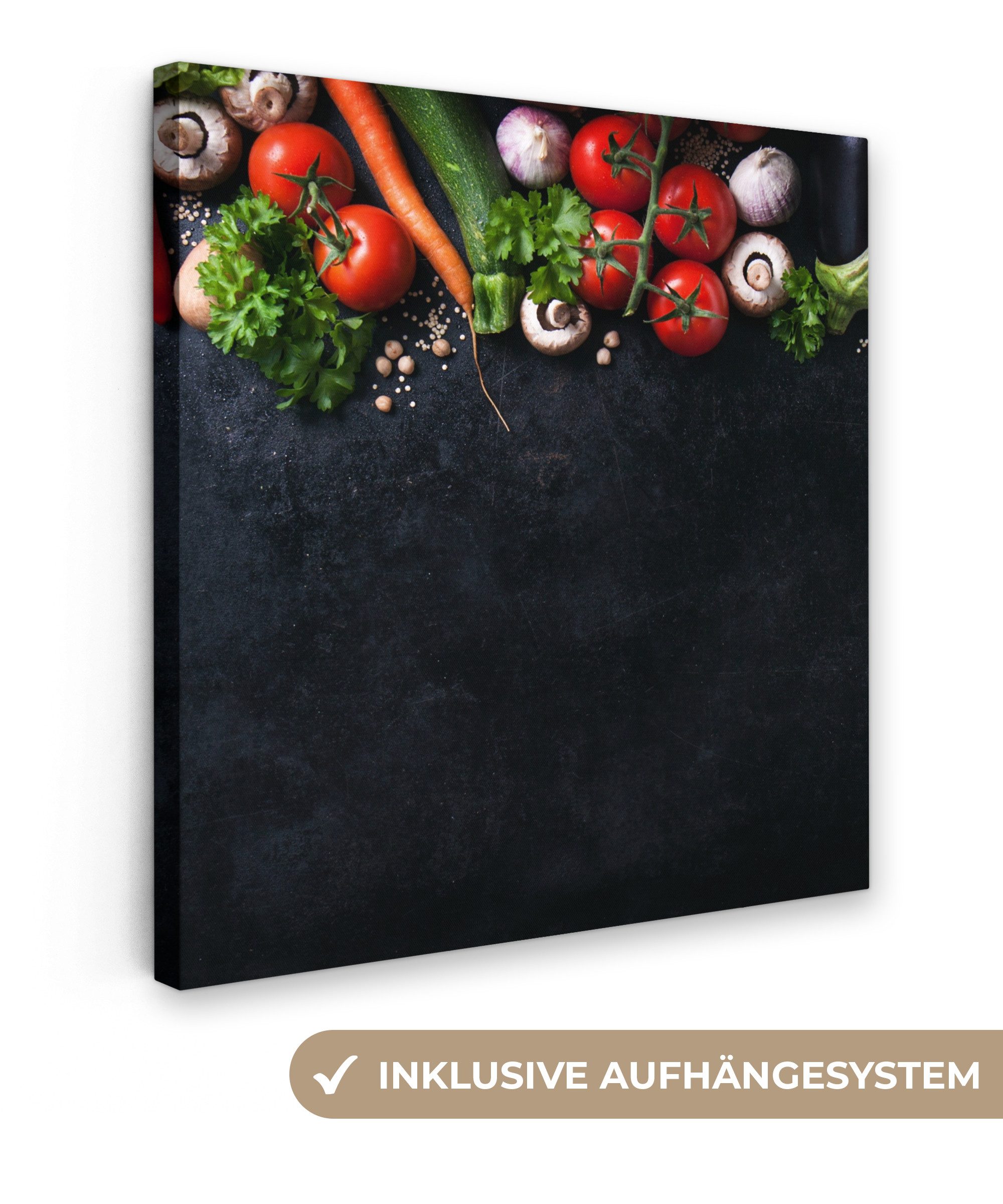 OneMillionCanvasses® Leinwandbild Gemüse - Kräuter - Gewürze - Schwarz - Rustikal - Küche, Fotodruck (1 St), Wandbilder für Esszimmer, Wanddeko Bilder Küche, 20x20 cm