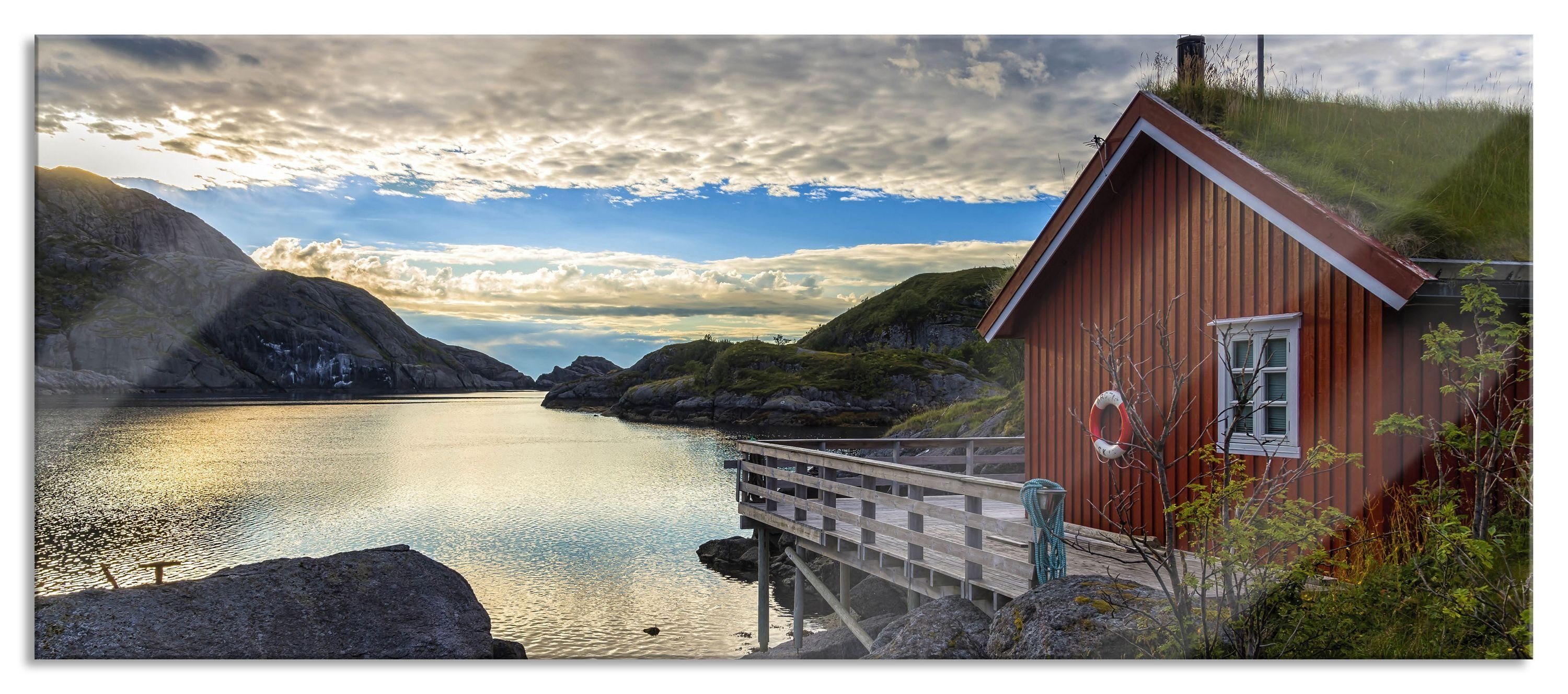 und am Glasbild Fjord Aufhängungen Echtglas, (1 Sonnenaufgang Fjord Norwegens, aus Norwegens am Pixxprint St), Glasbild inkl. Abstandshalter Sonnenaufgang