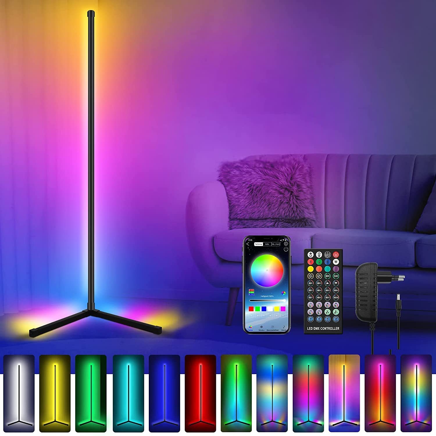 XIIW LED Lichtleiste LED Stehlampe Dimmbar Farbwechsel Wohnzimmer mit Fernbedienung, LED wechselbar, App Steuerbar mit Musik Snyc,Timer, RGB Stehlampe mit 16 Millionen Farben,120cm