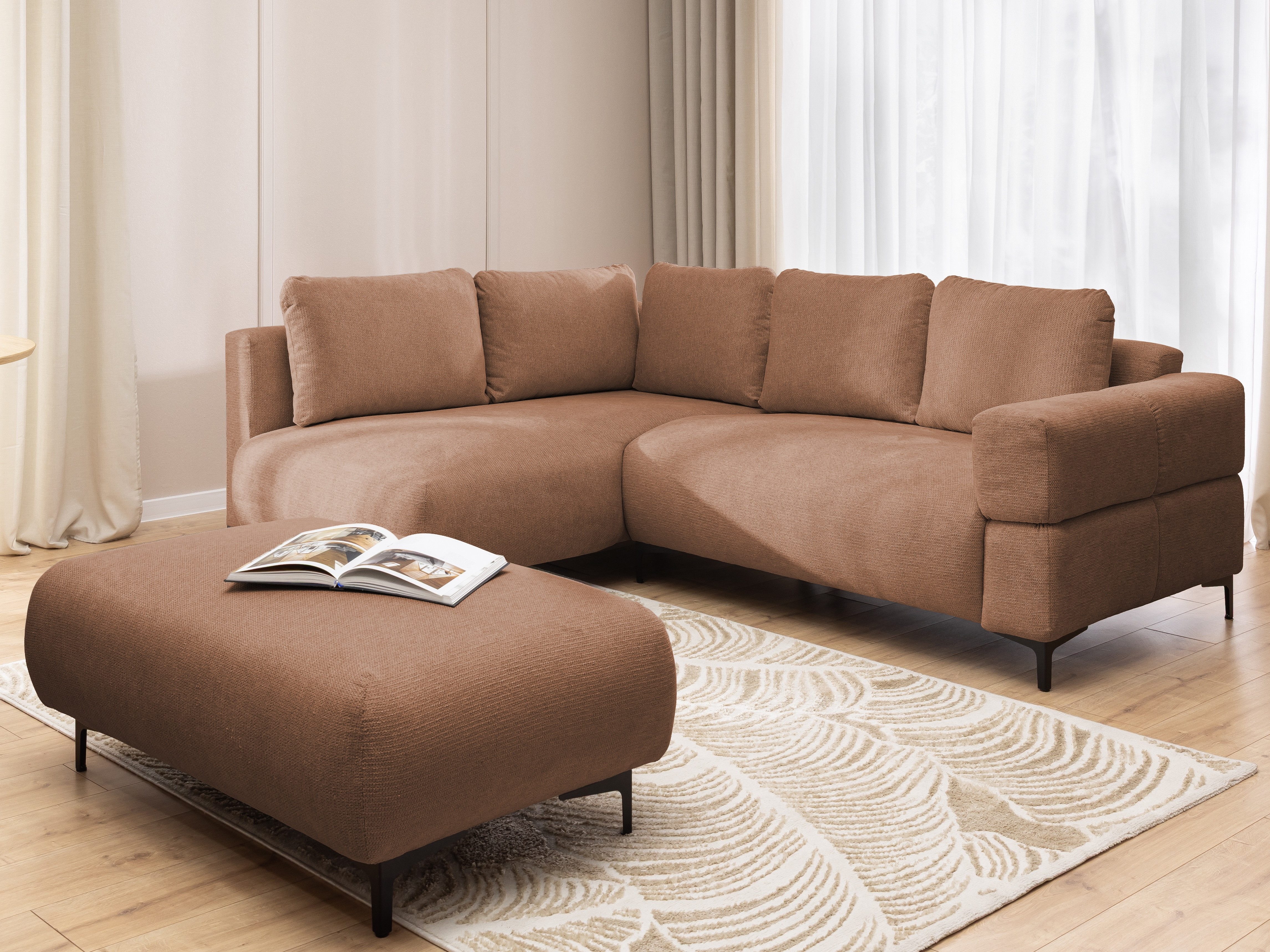S-Style Möbel Ecksofa und Hocker Cardea mit Schlaffunktion in Bubble-Optik, aus weichem Strukturstoff, mit Wellenfederung