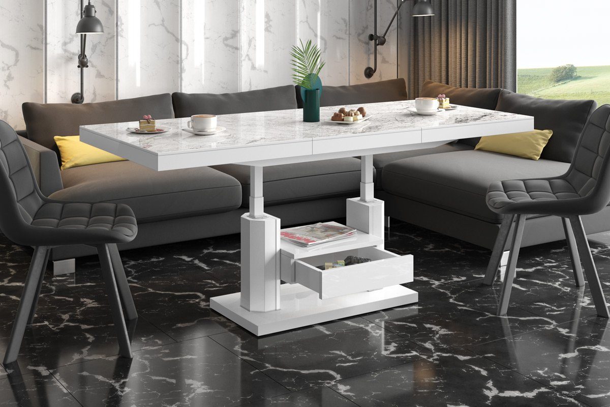 Marmoroptik Design HM-120 stufenlos Couchtisch ausziehbar Tisch designimpex Weiß - höhenverstellbar Hochglanz Hochglanz Hochglanz